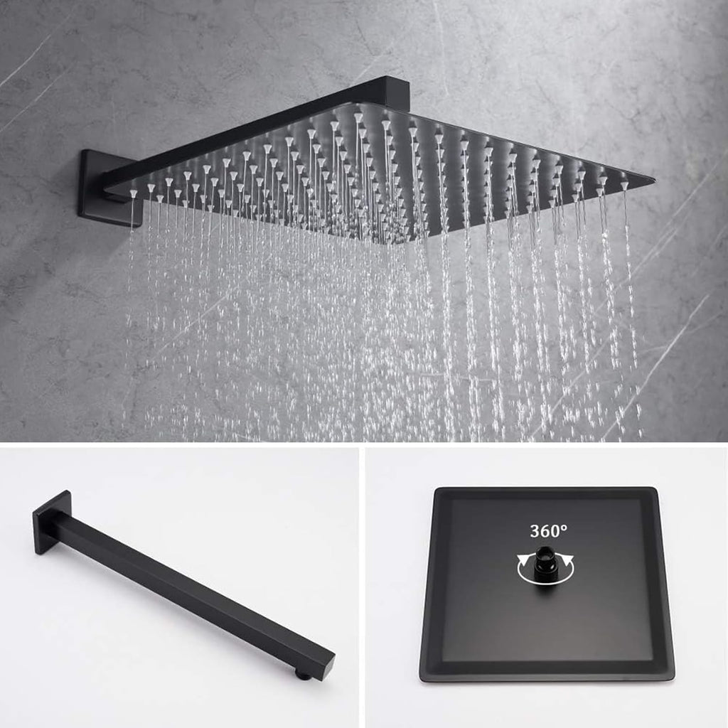 Iriber Mattle Black Square Rain Shower System with 4 PCS Body Jets 3 Function Shower Faucet Set Contain 12 Inch Shower Head and Handheld Wall Mounted Pressure Balance Shower Trim Kit (Valve Included)