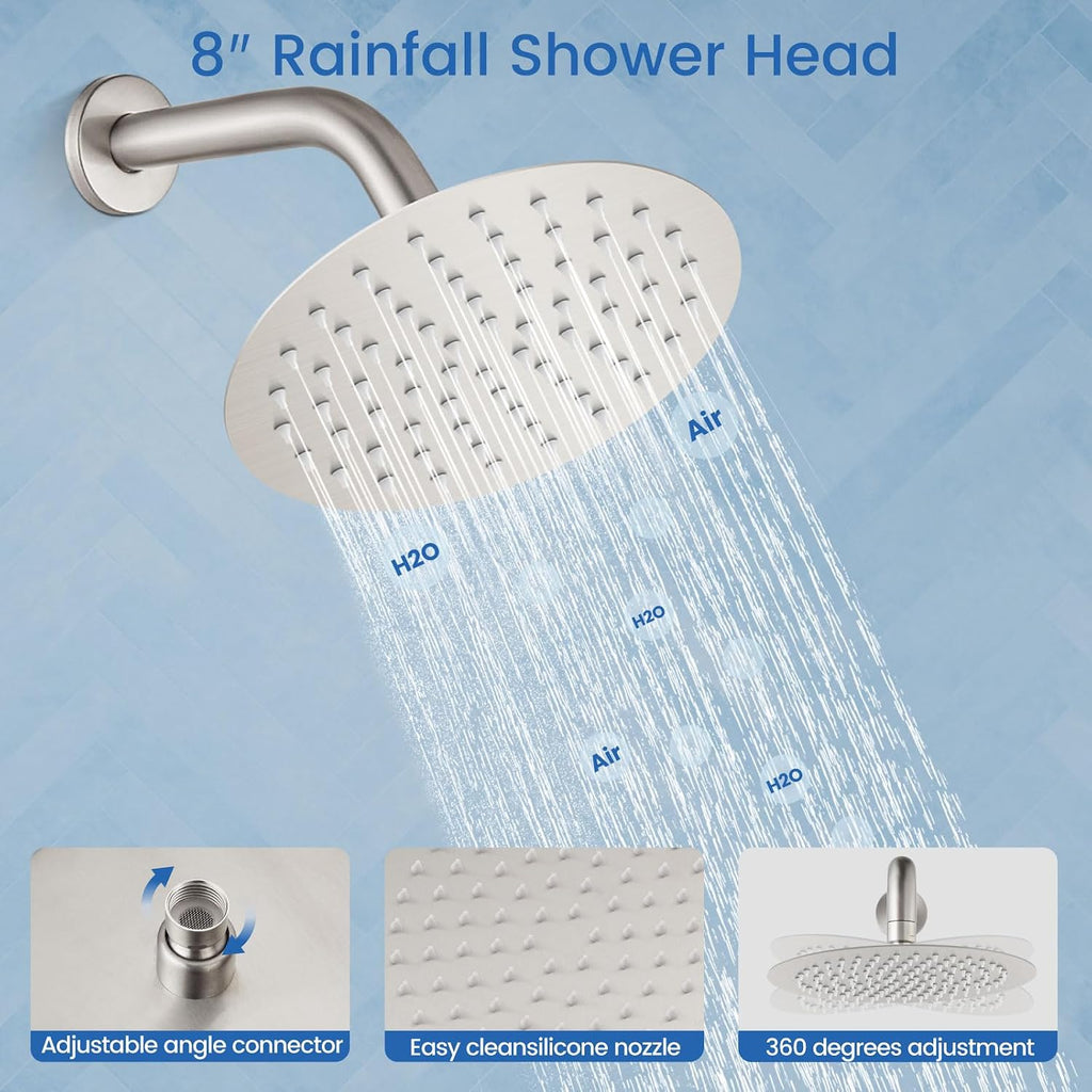 Airuida 3-Function Shower System with Tub Spout – Round Rainfall Shower Faucet Combo,Handheld Spray with 2 Functions,Includes Rough-In Valve with 360° Rotating Drain,8 Inch Shower Head,Brushed Nickel