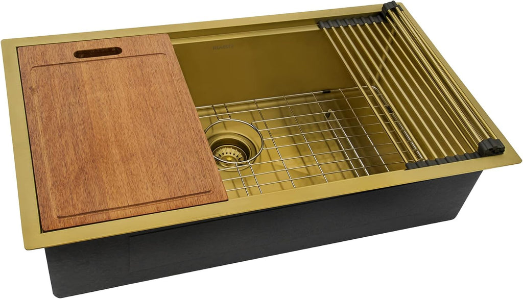 Ruvati 30-inch Polished Brass Matte Gold Workstation Undermount Kitchen Sink Single Bowl - RVH6530GG