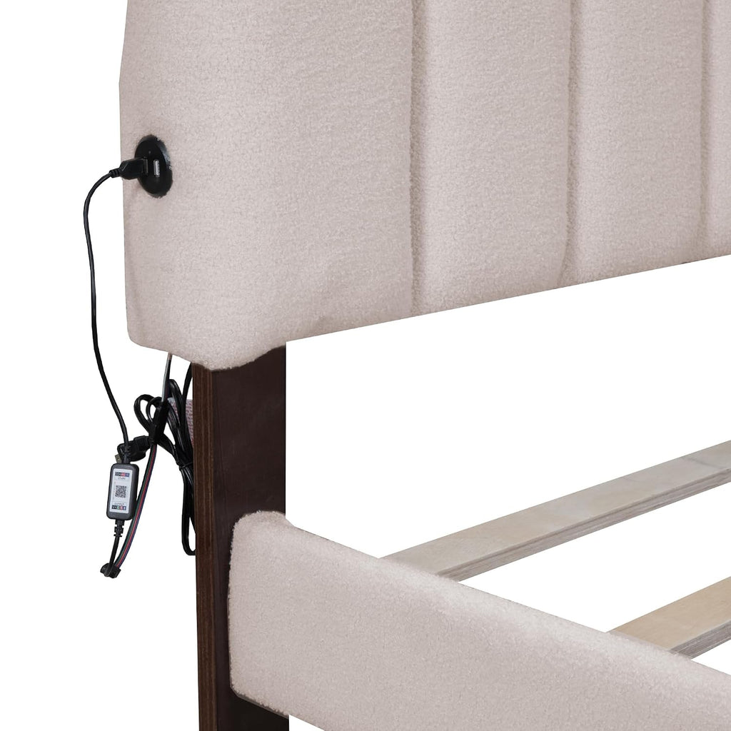 Queen Size Teddy Fleece Upholstered Platform Bed with Drawer,LED Bed Frame W/ 2 USB Ports,for Bedroom,Apartment,Guest Room,Beige