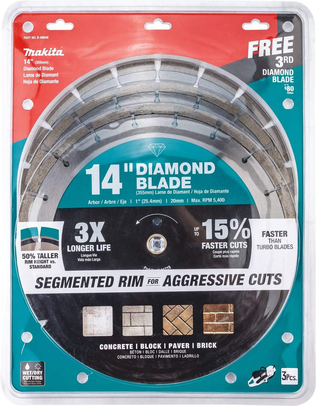 Makita B-69646 14' Diamond Blade, Segmented, General Purpose, Contractor 3/Pk