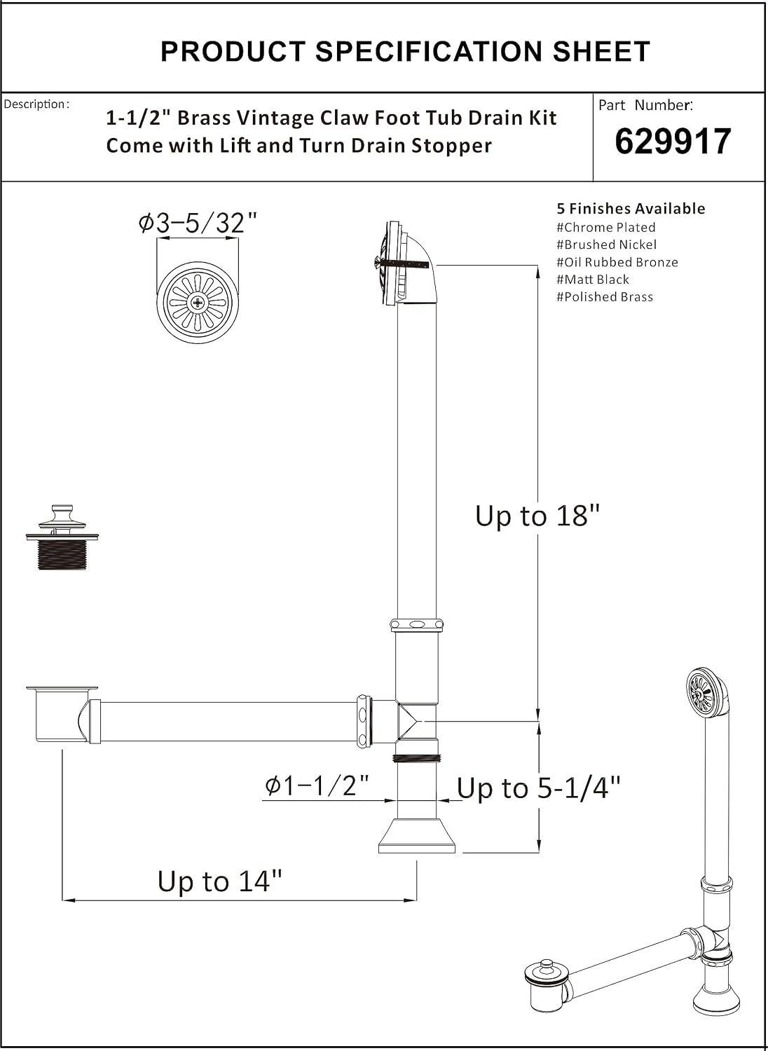 Artiwell Vintage Claw Foot Tub Drain Kit with Lift and Turn Bath Drain Stopper, 1-1/2' Brass Tubular Leg Tub Bathtub Waste and Overflow Drain Assembly with Drain Plug and Bathtub Overflow Cover