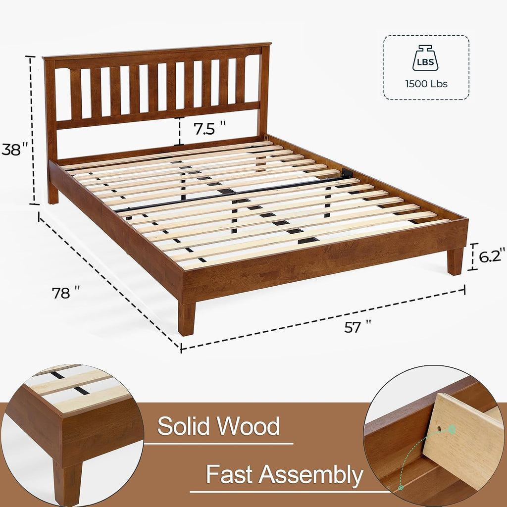 LINSY Wood Bed Frame, Full Bed Frame Solid Wood Platform Frames with Headboard and Slat Bases, Wooden Bedframe No Box Spring Needed, Easy Assembly, Walnut