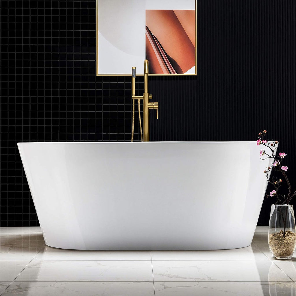 WOODBRIDGE 59' Acrylic Freestanding Bathtub Contemporary Soaking White Tub with Brushed Gold Overflow and Drain,B0014-BG