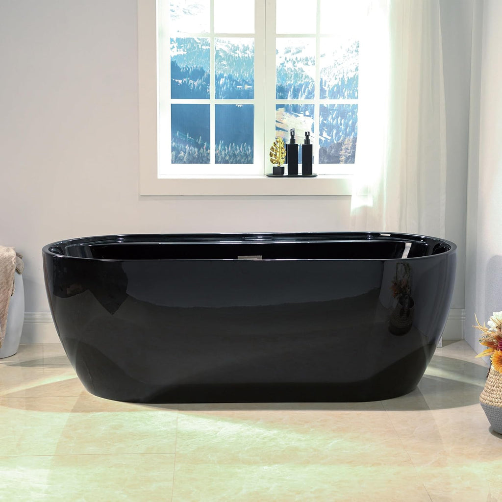 WOODBRIDGE 67' L x 31-1/2' W Freestanding Contemporary Acrylic Soaking Bathtub in Glossy Black Inside and Outside with Brushed Nickel Drain & Overflow,B8863-BN