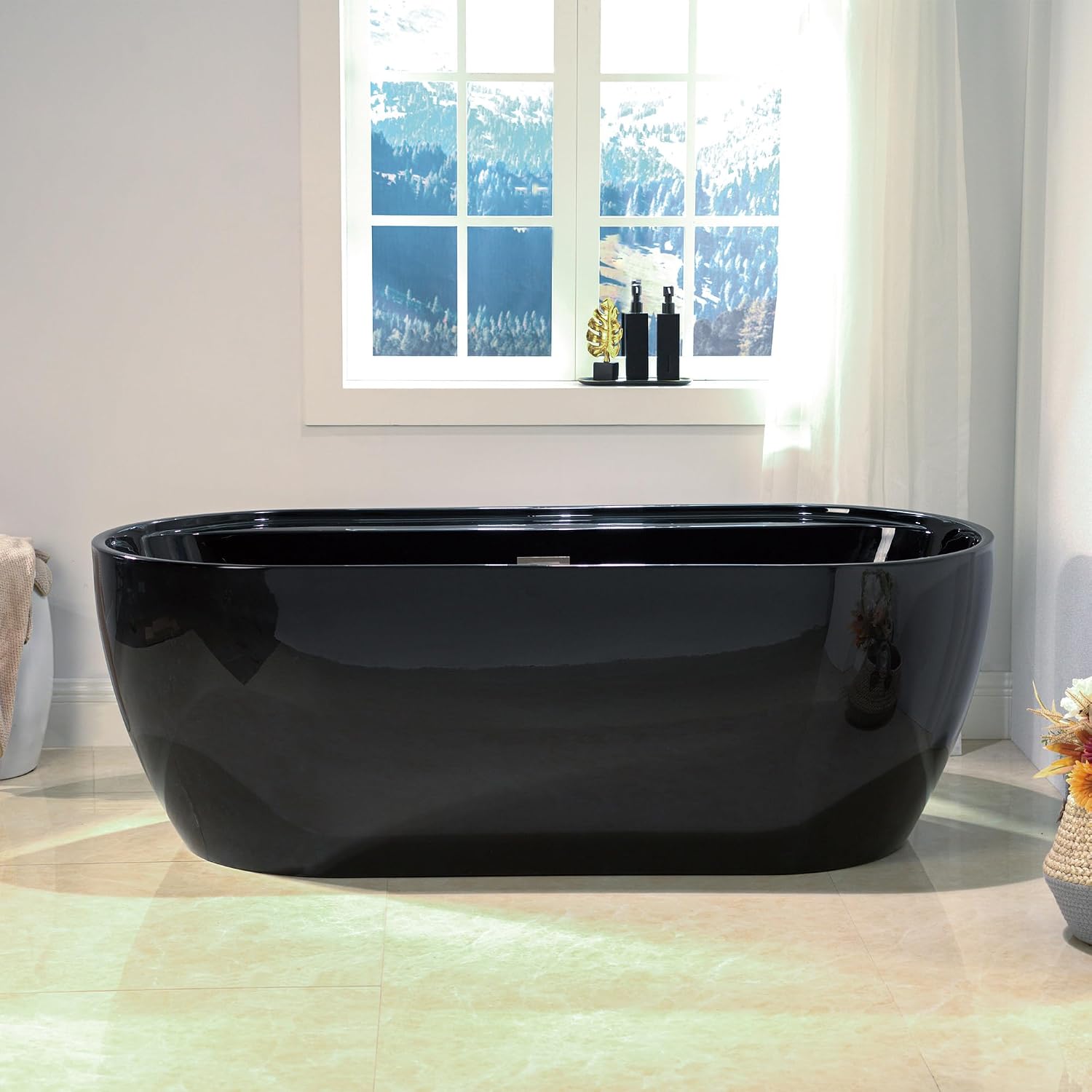 WOODBRIDGE 67' L x 31-1/2' W Freestanding Contemporary Acrylic Soaking Bathtub in Glossy Black Inside and Outside with Brushed Nickel Drain & Overflow,B8863-BN