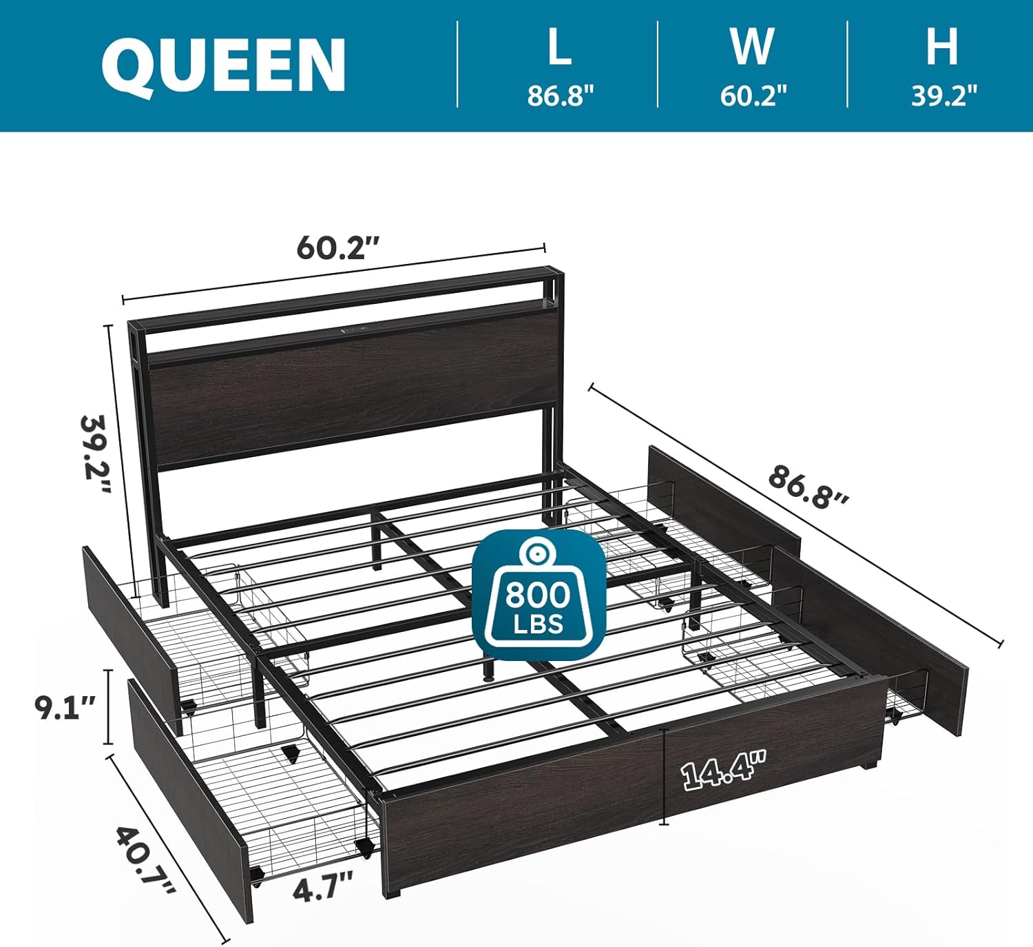 Kiivakii Queen Size Bed Frame with 4 Storage Drawers, LED Platform Bed with Headboard, Built in Charging Station, Noise Free, Metal Support Base, No Box Spring Needed, Black