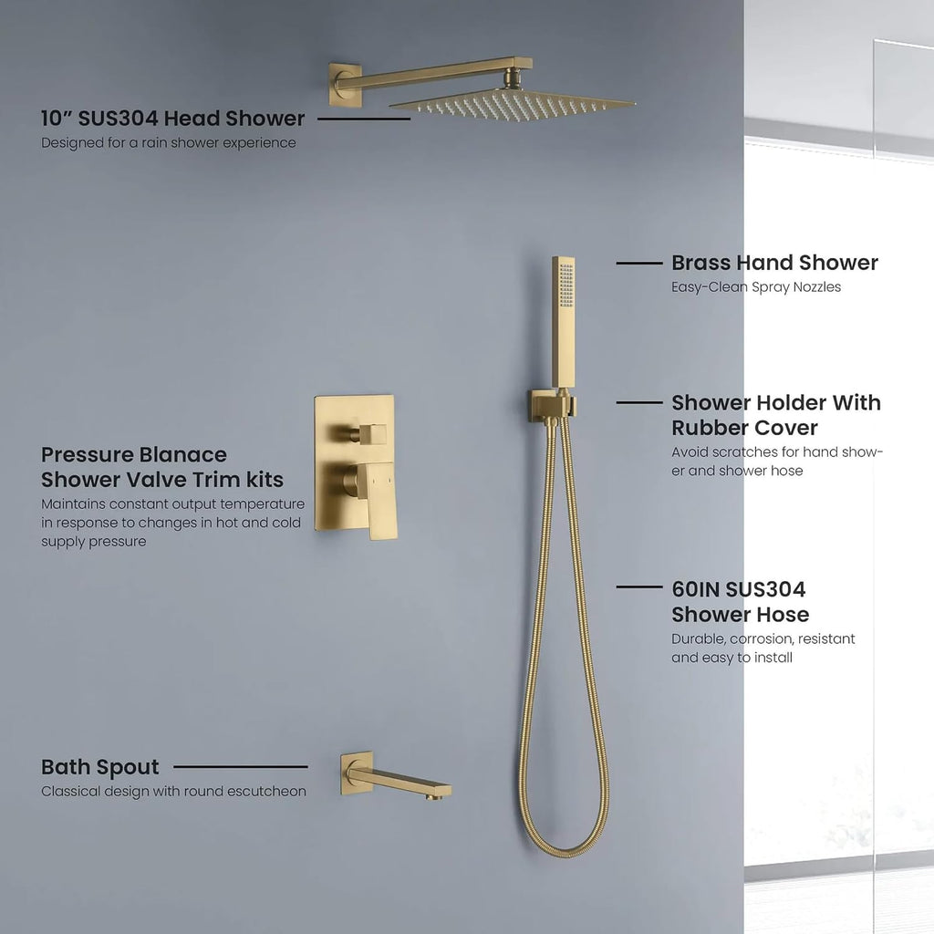 KIBI Cube 3-Function Brushed Brass Wall Mounted Bathroom Shower System | Solid Brass Pressure Balanced Valve Bath Faucet Set | 15-inch Shower Arm | Handheld Waterfall Shower Mode (KSF406)