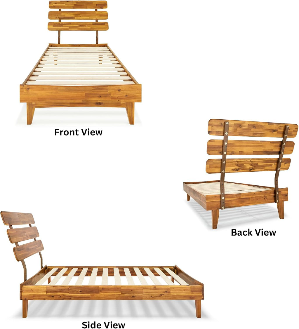 Bme Caden 15 Inch Bed Frame with Adjustable Headboard - Mid Century, Retro Style with Acacia Wood - No Box Spring Needed - 12 Strong Wood Slat Support - Easy Assembly - Caramel, Twin