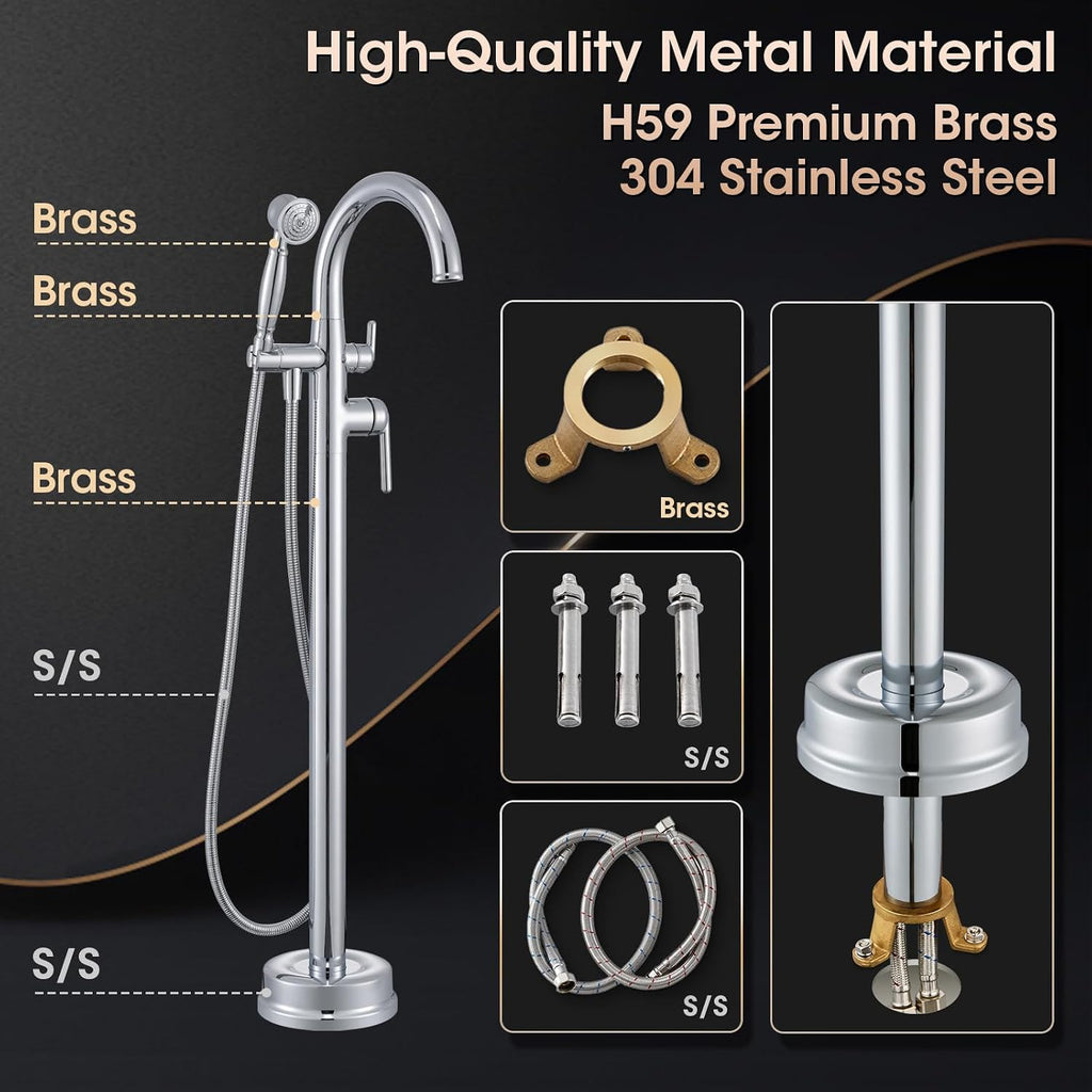 Free Standing Bathtub Faucet Brass Bathtub Faucets High Flow Soaker Tub Faucet with Vintage Handheld Sprayer Polished Chrome