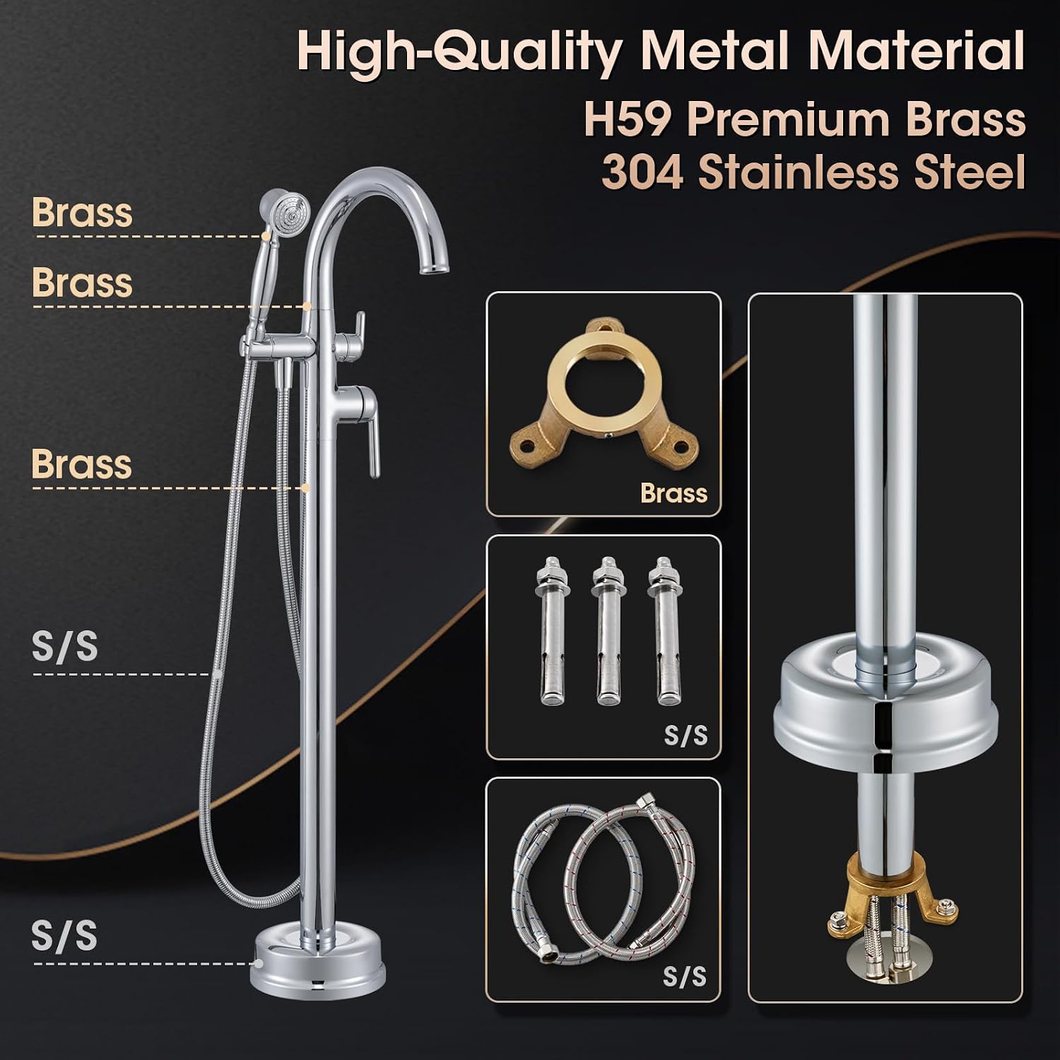 Free Standing Bathtub Faucet Brass Bathtub Faucets High Flow Soaker Tub Faucet with Vintage Handheld Sprayer Polished Chrome
