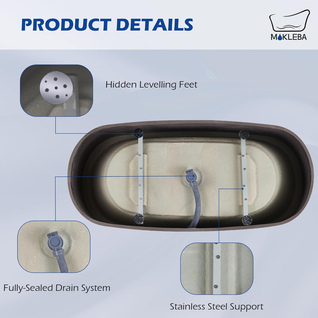 59' Solid Surface Resin Freestanding Bathtub Oval Shape, Modern Deep Stone Resin Soaking Bathtub with Integrated Slotted Overflow, Toe-Tap Chrome Drain, cUPC Certified, Brown