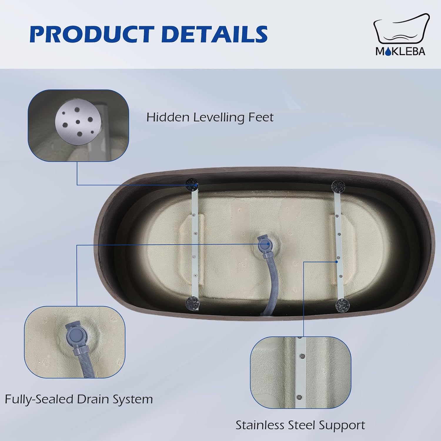 59' Solid Surface Resin Freestanding Bathtub Oval Shape, Modern Deep Stone Resin Soaking Bathtub with Integrated Slotted Overflow, Toe-Tap Chrome Drain, cUPC Certified, Brown