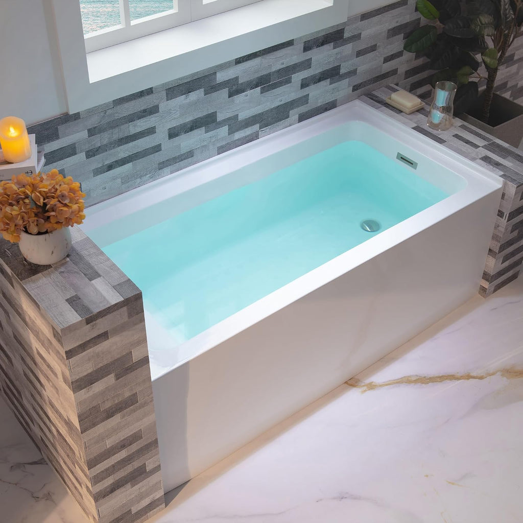 WOODBRIDGE 60' Acrylic Rectangular Alcove Soaking Bathtub in White with Right Drain, Brushed Nickel pop-up Drain Included, LB666-R