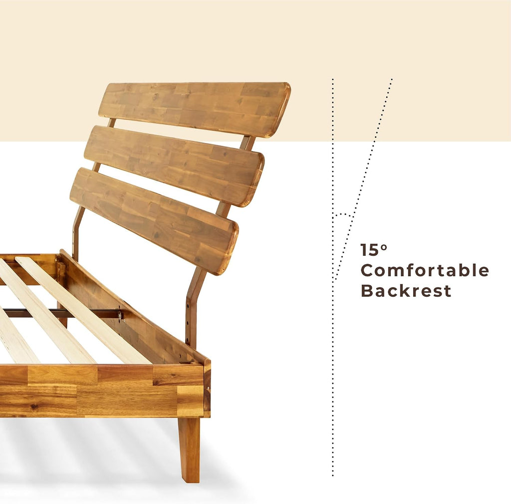 Bme Caden 15 Inch Deluxe Bed Frame with Adjustable Headboard - Mid Century, Retro Style with Acacia Wood - No Box Spring Needed - 12 Strong Wood Slat Support - Easy Assembly - Caramel, Full