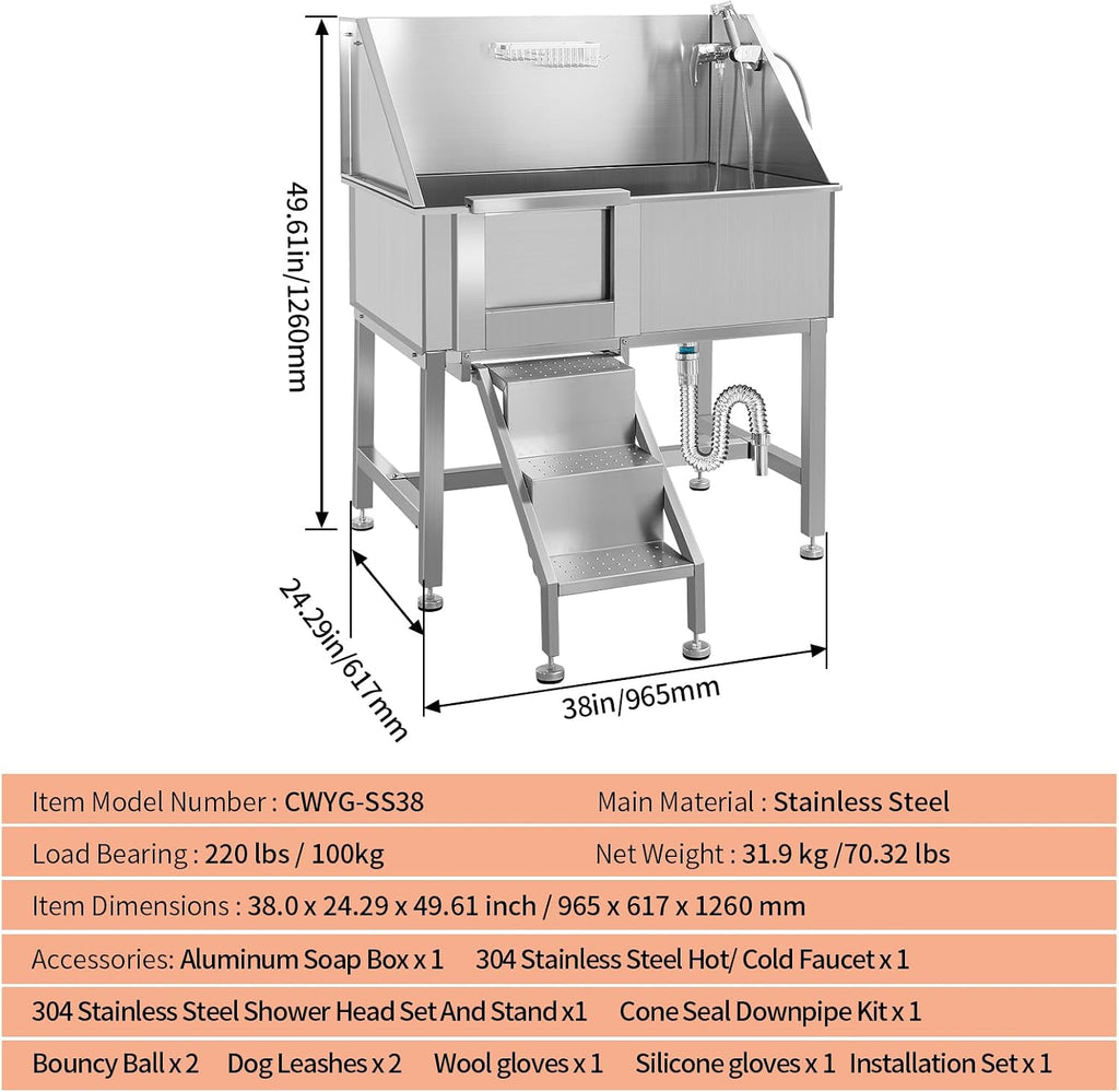 Dog Grooming Tub, 38' L Pet Wash Station, Professional Stainless Steel Pet Grooming Tub with Ramp, Faucet, Sprayer, and Drain Kit,L-Door