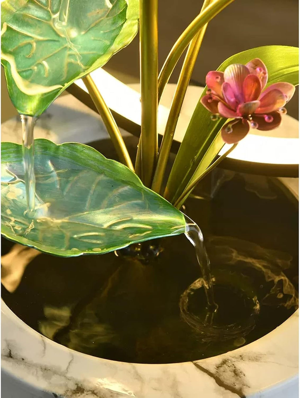 HIHELO Desktop Fountain Indoor Fountain 5 Tiers Lotus Leaf Tabletop Fountain Relaxing Waterfall Room Decoration LED with Round Scene Light Water Fountain Outdoor (Color : White)