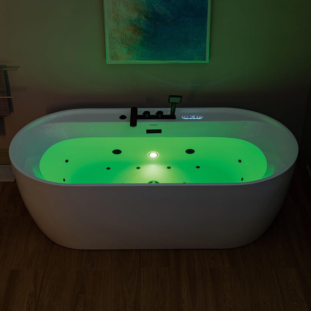 WOODBRIDGE 72' x 35-3/8' Whirlpool and Air Bath Heated Soaking Combination Tub with Adjustable Speed Air Blower, Tub Filler, and LED control panel, Matte Black Finish Trim and Drain Kit, BM500+F0051MB