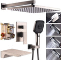 Shower System with Tub Spout 10 Inch Overhead Shower 4 Setting Handheld Spray Rough In Pressure Balance Valve Body with Trim Kit Wall Mounted Rainfall Bathtub Shower Faucet Set (Brushed Nickel)