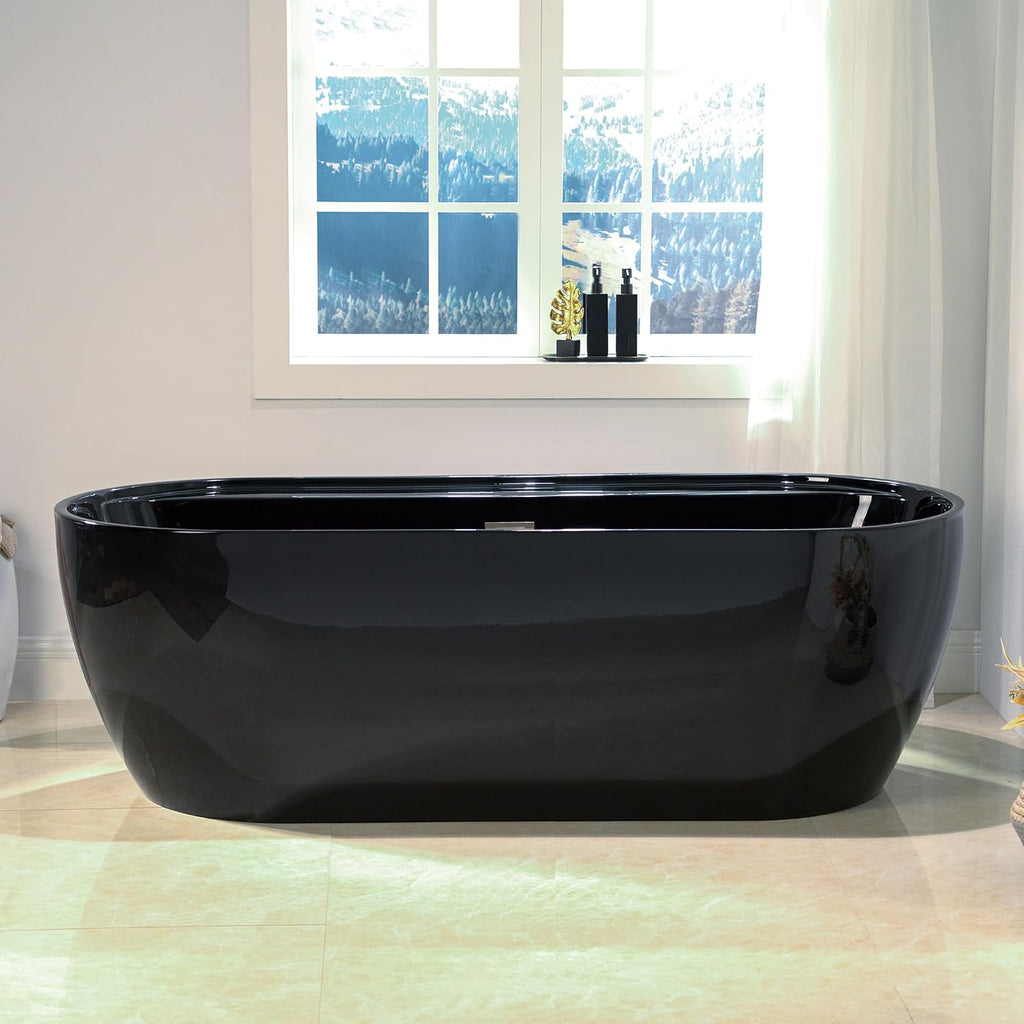 WOODBRIDGE 72' L x 35-3/8' W Freestanding Contemporary Acrylic Soaking Bathtub in Glossy Black Inside and Outside with Brushed Nickel Drain & Overflow,B8859-BN