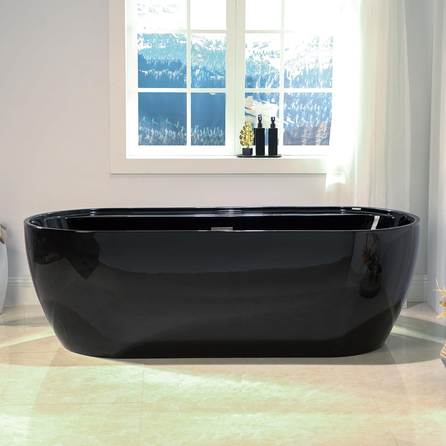 WOODBRIDGE 72' L x 35-3/8' W Freestanding Contemporary Acrylic Soaking Bathtub in Glossy Black Inside and Outside with Brushed Nickel Drain & Overflow,B8859-BN