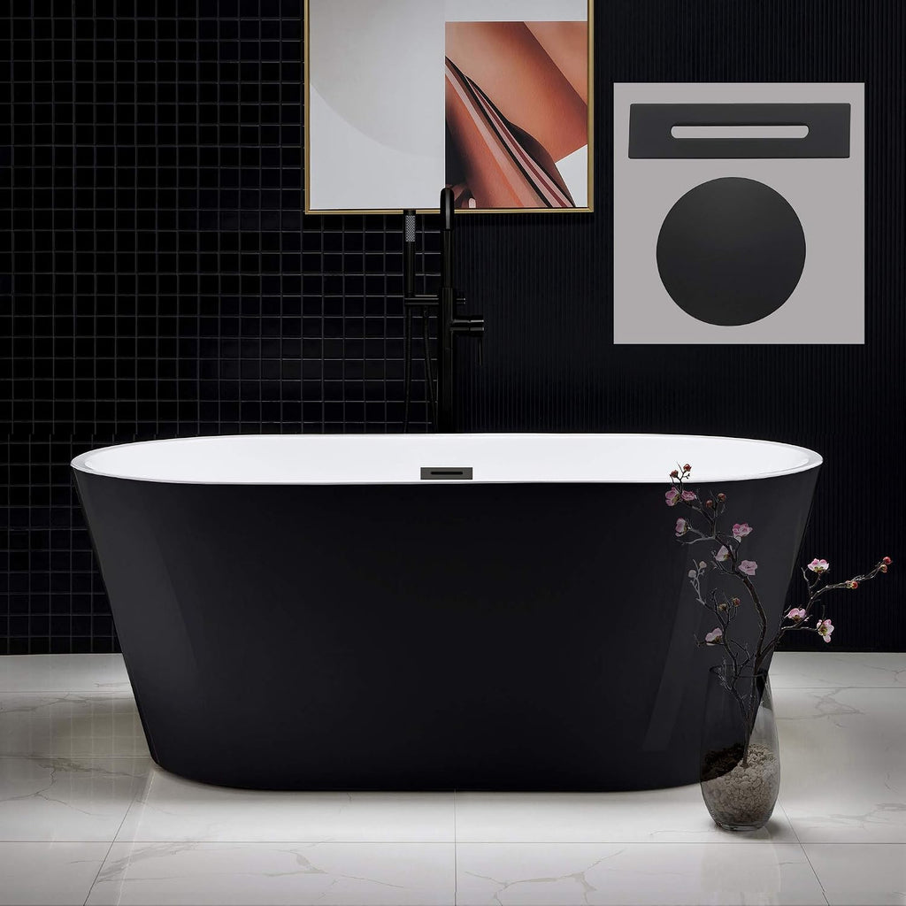 WOODBRIDGE 59' Acrylic Freestanding Bathtub Contemporary Soaking Tub with Matte Black Overflow and Drain,Black