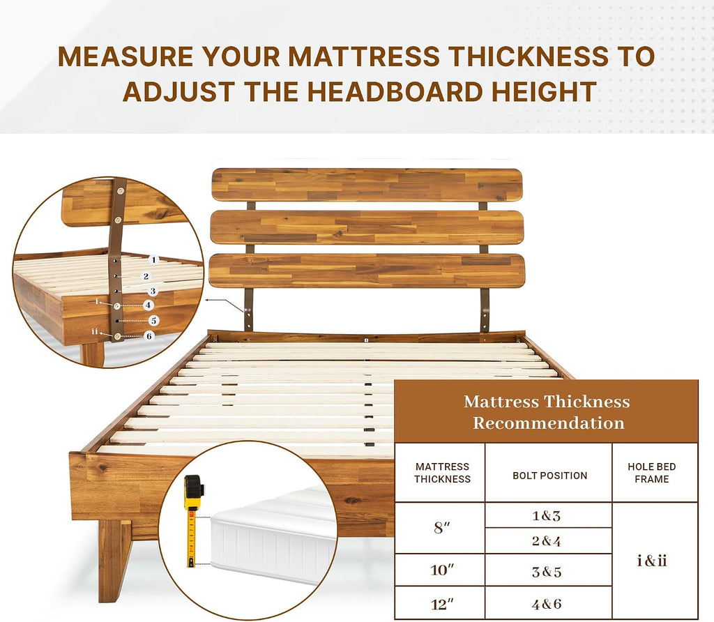 Bme Caden 15 Inch Deluxe Bed Frame with Adjustable Headboard - Mid Century, Retro Style with Acacia Wood - No Box Spring Needed - 12 Strong Wood Slat Support - Easy Assembly - Caramel, Full