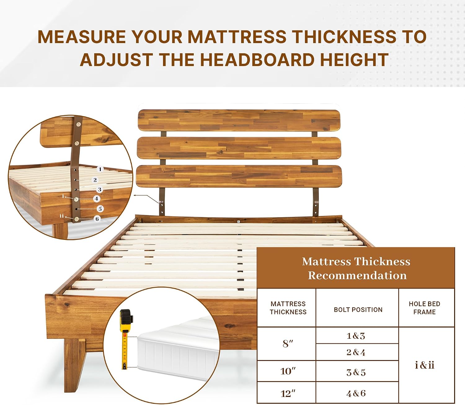 Bme Caden 15 Inch Deluxe Bed Frame with Adjustable Headboard - Mid Century, Retro Style with Acacia Wood - No Box Spring Needed - 12 Strong Wood Slat Support - Easy Assembly - Caramel, Full