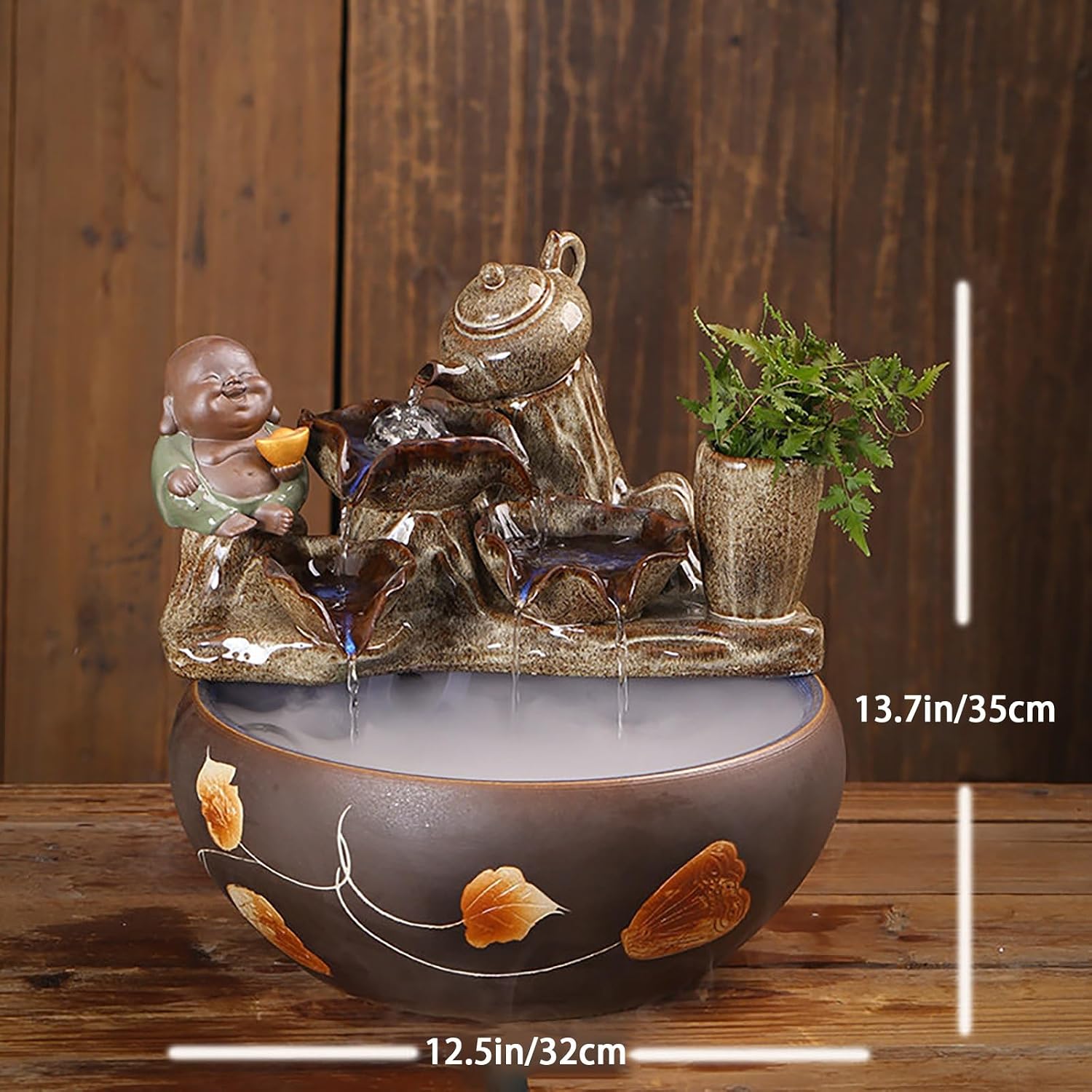 Tabletop Water Fountain, Mist Humidifier, Chinese Ceramic Desk Decor, Porcelain Indoor Feature for Living Room Office(B)