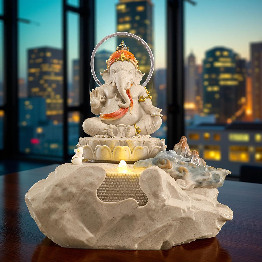 Zen Buddha Tabletop Fountain with LED Lights & Crystal Accents – Indoor Meditation Waterfall Feature with Cascading Water for Home, Office, Living Room or Bedroom – Free 10 Free Crystals (Style 4)
