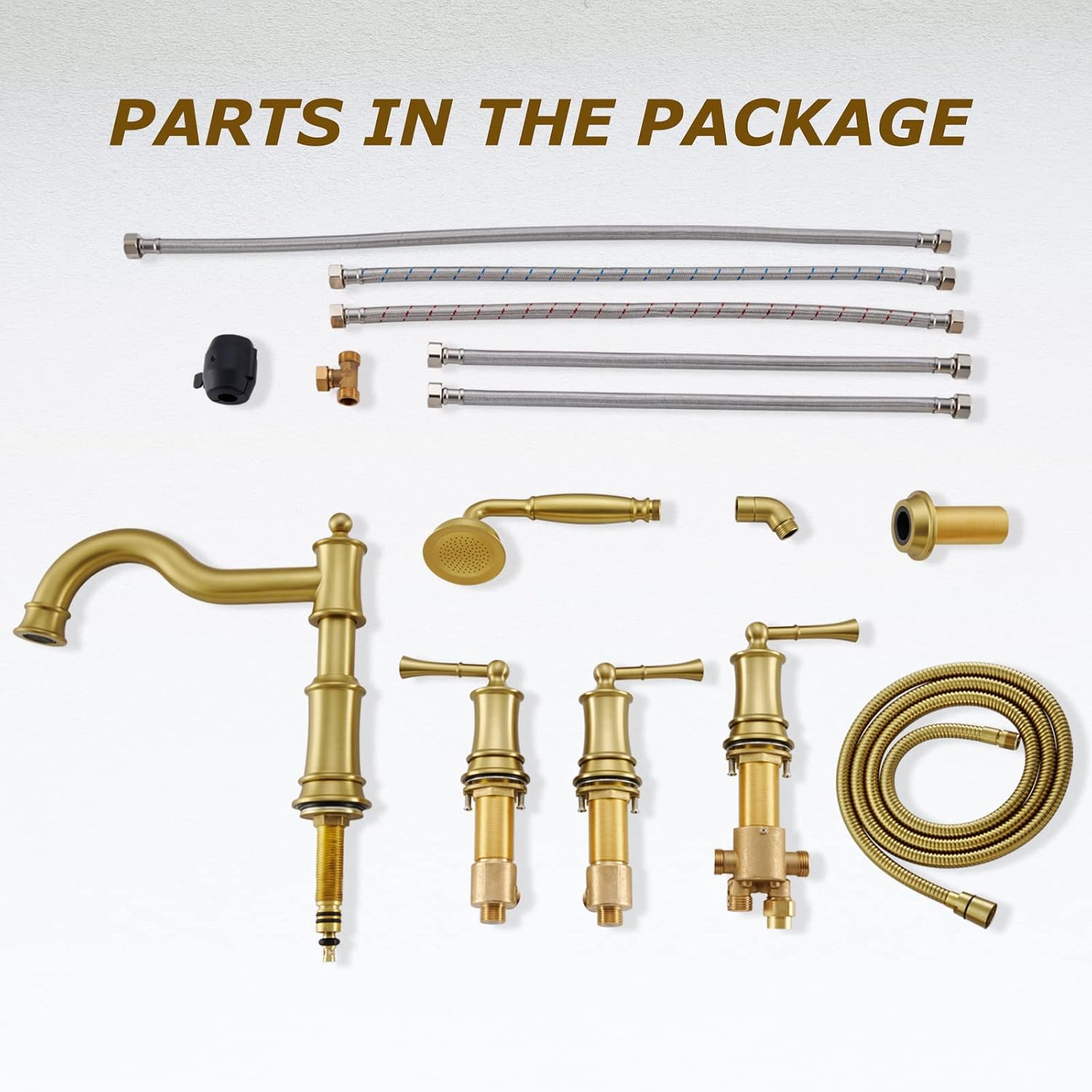 Roman Tub Faucet Set With Handheld Shower 5 Hole Deck Mount Tub Filler With Diverter, 3 Lever Handle Rough-in Valve and Water Supply Lines Included for Bathroom Tub, Brushed Gold