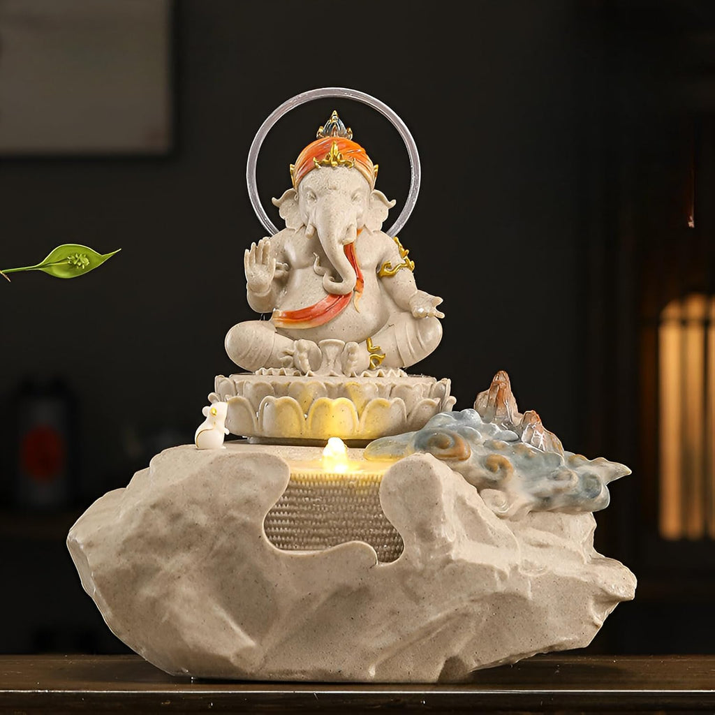 Zen Buddha Tabletop Fountain with LED Lights & Crystal Accents – Indoor Meditation Waterfall Feature with Cascading Water for Home, Office, Living Room or Bedroom – Free 10 Free Crystals (Style 4)