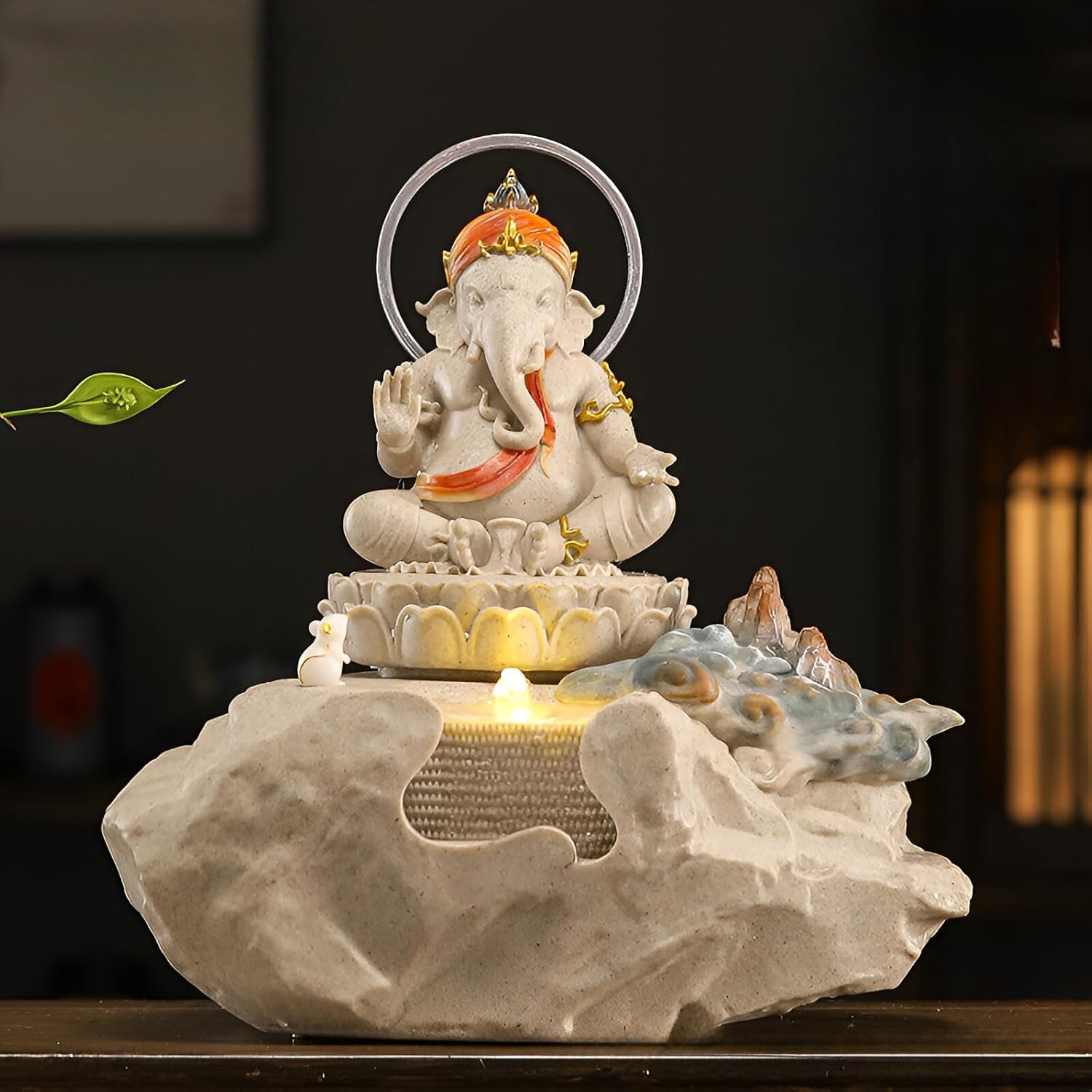 Zen Buddha Tabletop Fountain with LED Lights & Crystal Accents – Indoor Meditation Waterfall Feature with Cascading Water for Home, Office, Living Room or Bedroom – Free 10 Free Crystals (Style 4)