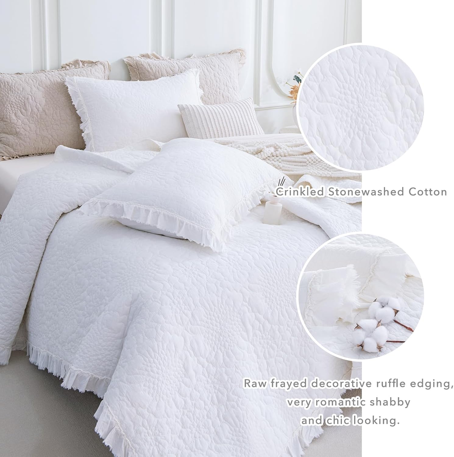 QSH Bright White Stonewashed Cotton Oversized King Quilt Bedspread Set(120'x120'),3PCs Shabby Ruffled Quilt California King,Ultra Soft Lightweight Crinkled Farmhouse Chic Bedspread Coverlet Bed Set