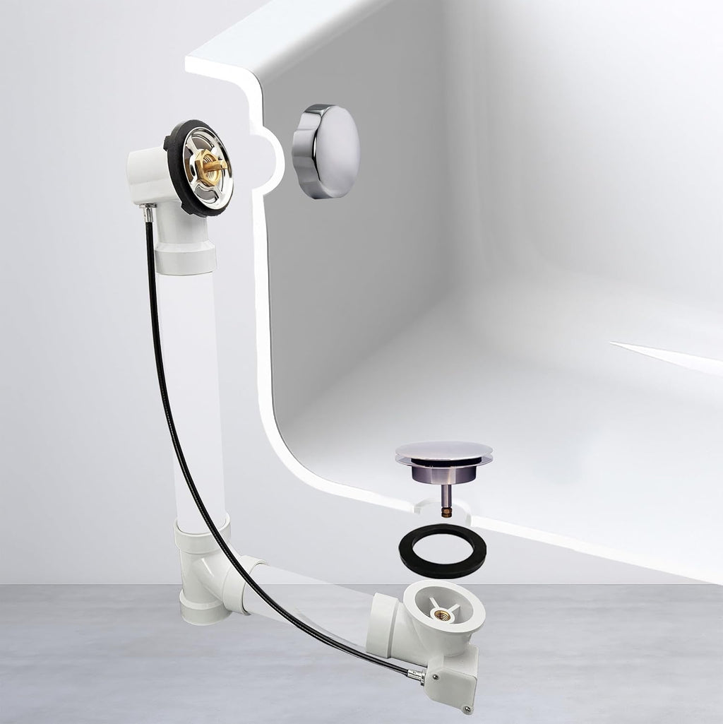 Westbrass D50P45-26 45' Cable Drive Standard Bath Drain Trim Kit with Rotary Overflow Cover Knob, Pop-Up Stopper and Sch. 40 PVC Fittings, Polished Chrome (4-Pack)