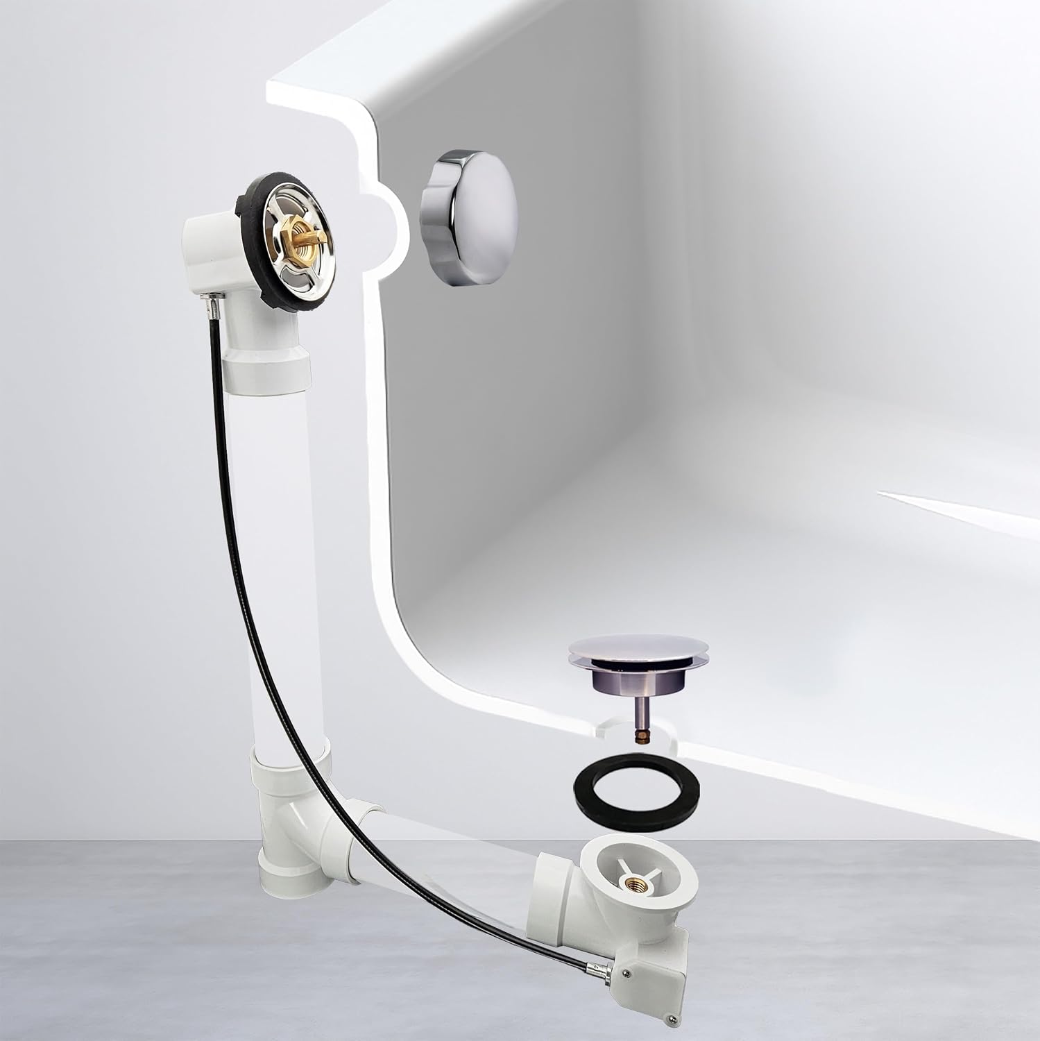 Westbrass D50P45-26 45' Cable Drive Standard Bath Drain Trim Kit with Rotary Overflow Cover Knob, Pop-Up Stopper and Sch. 40 PVC Fittings, Polished Chrome (4-Pack)