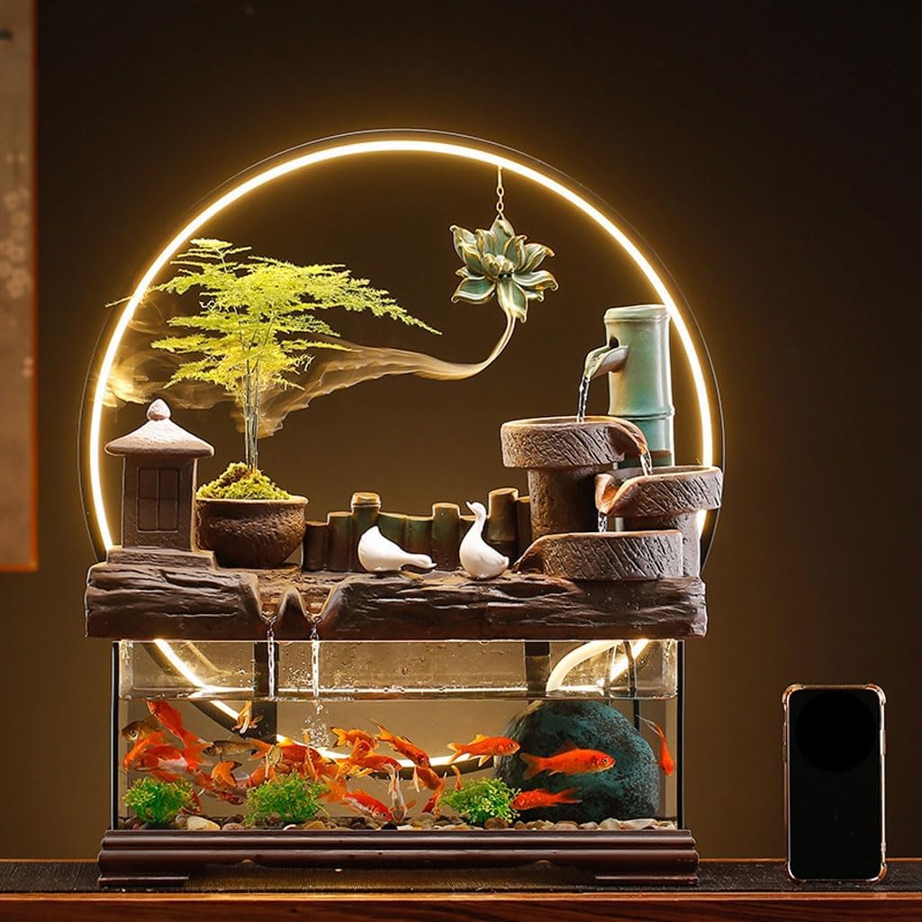 GUERNSEY Tabletop Fountain Chinese Style Glass Fish Tank Desktop Fountain Ornaments Creative Simple Water Circulation Desktop Decorations Indoor Waterfall Feature Indoor Fountain