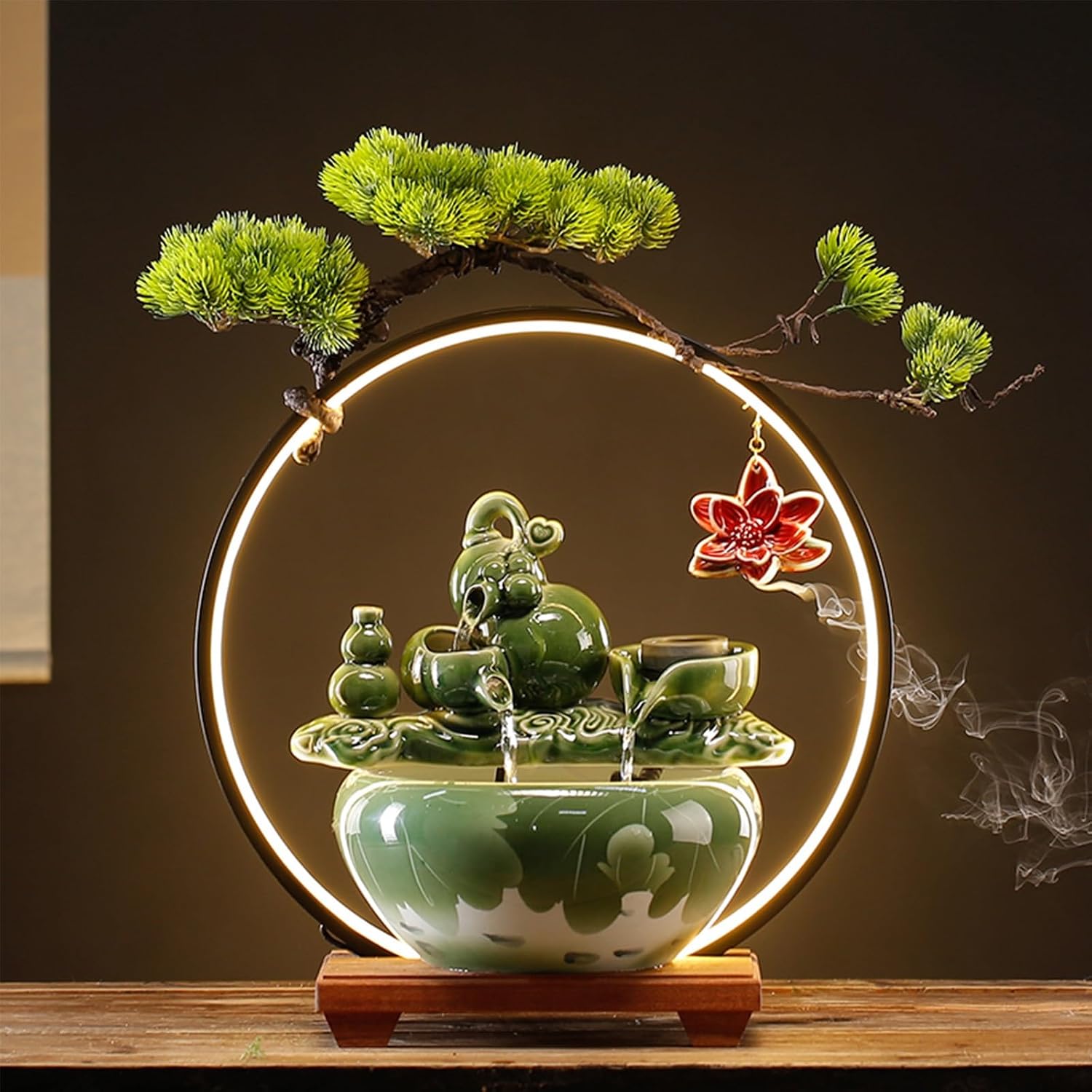 Tabletop Fountain with Light Waterfall Fountain with Backflow Incense Burner Desktop Zen Water Fountain Ceramic Fish Tank Indoor Water Fountain for Home Office Without Plants.(Style2)