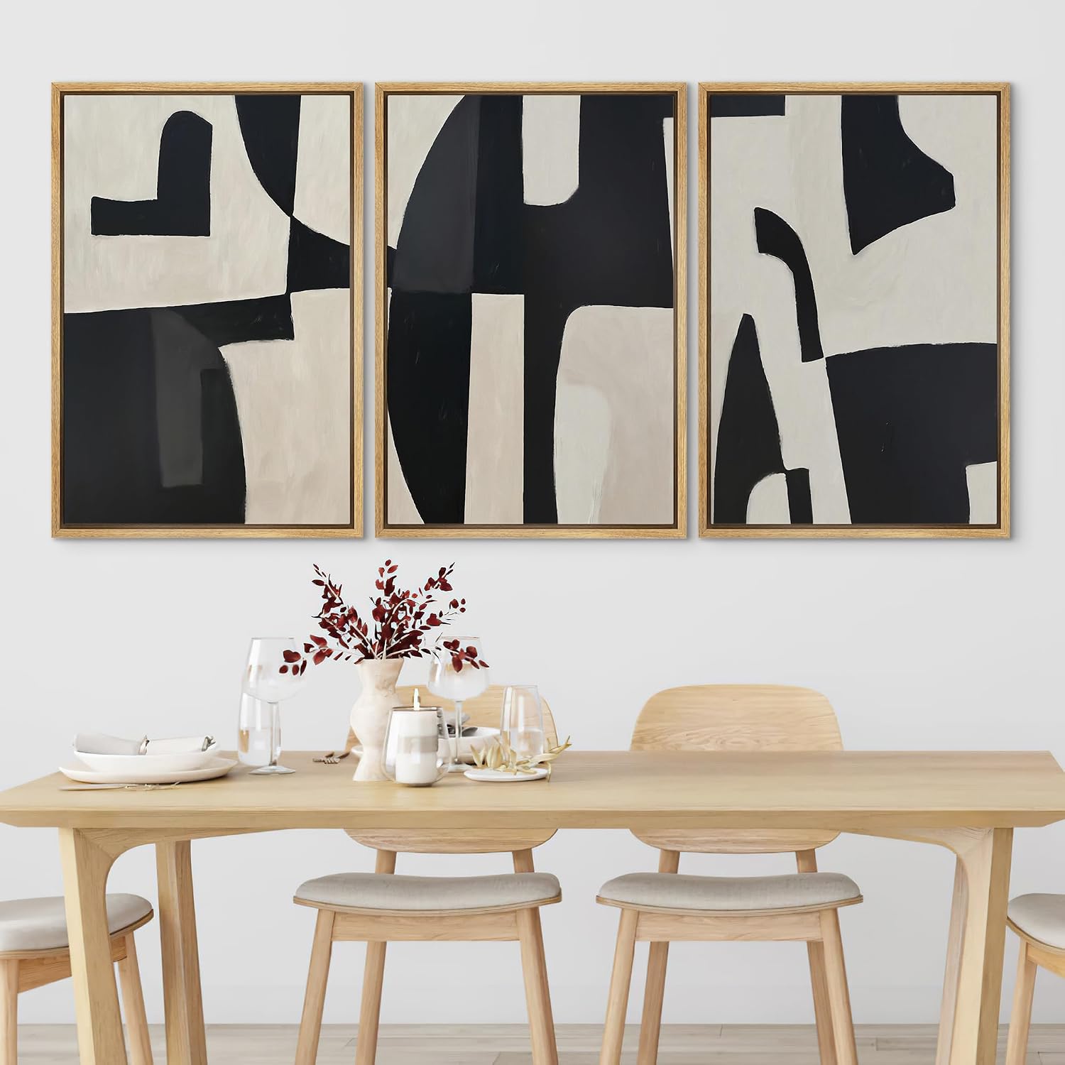 SIGNLEADER Framed Canvas Print Wall Art Set Black and Beige Abstract Shapes Modern Geometric Illustrations Boho Decorative for Living Room, Bedroom, Office - 24'x36'x3 Natural