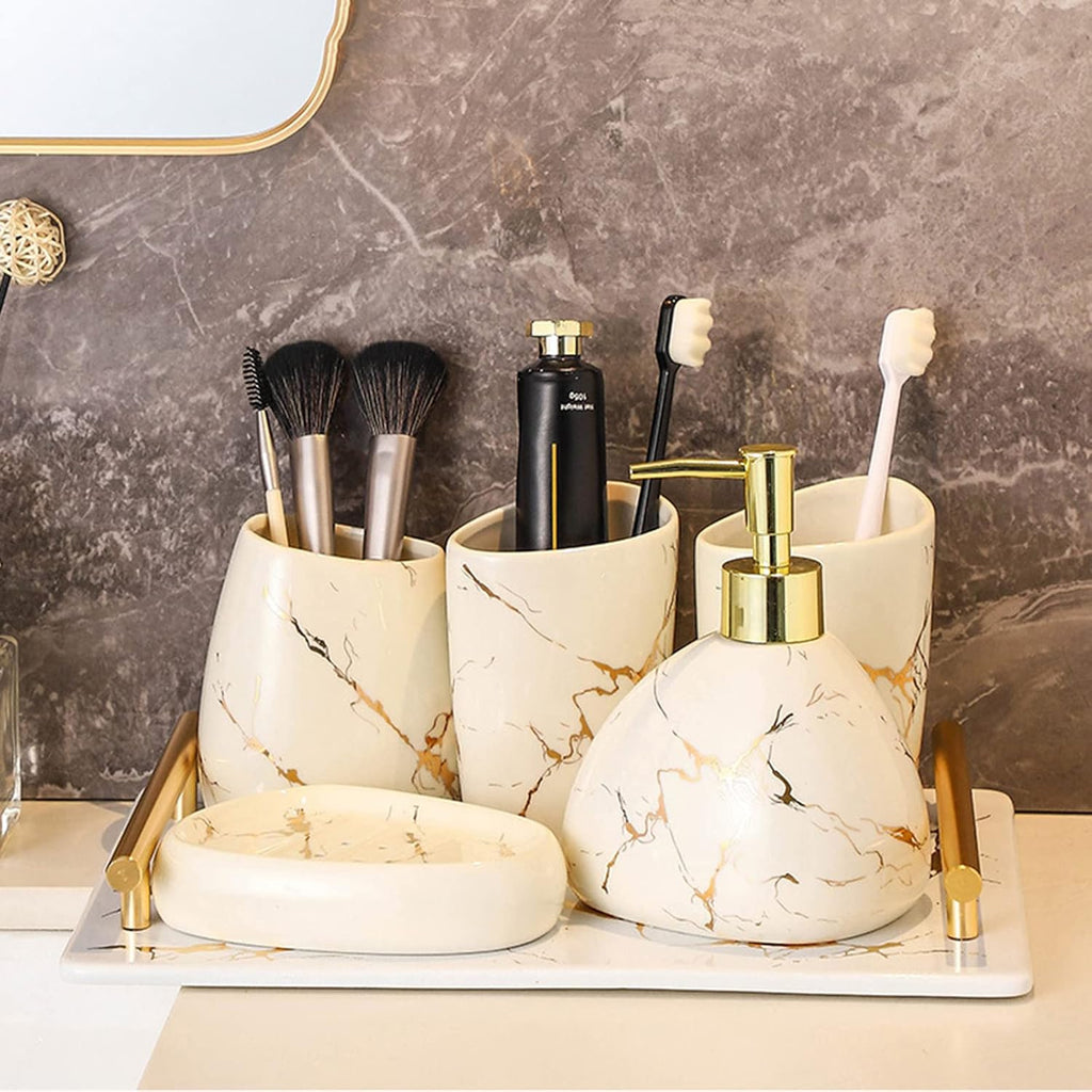 6 Piece Bathroom Soap Dispenser and Toothbrush Holder Set, Ceramic Soap Dispenser, Vanity Countertop Accessory Toothbrush Holder Set with Marble Look -Beige