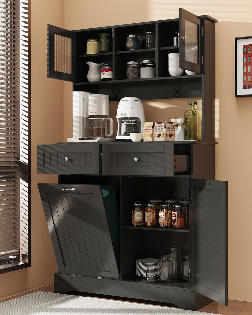 Tilt Out Trash Cabinet,Storage Cabinet,Two Solid Wood Hideaway Trash Holder Drawers,Wooden Freestanding Recycling Cabinets,Trash Can for Kitchen,Black