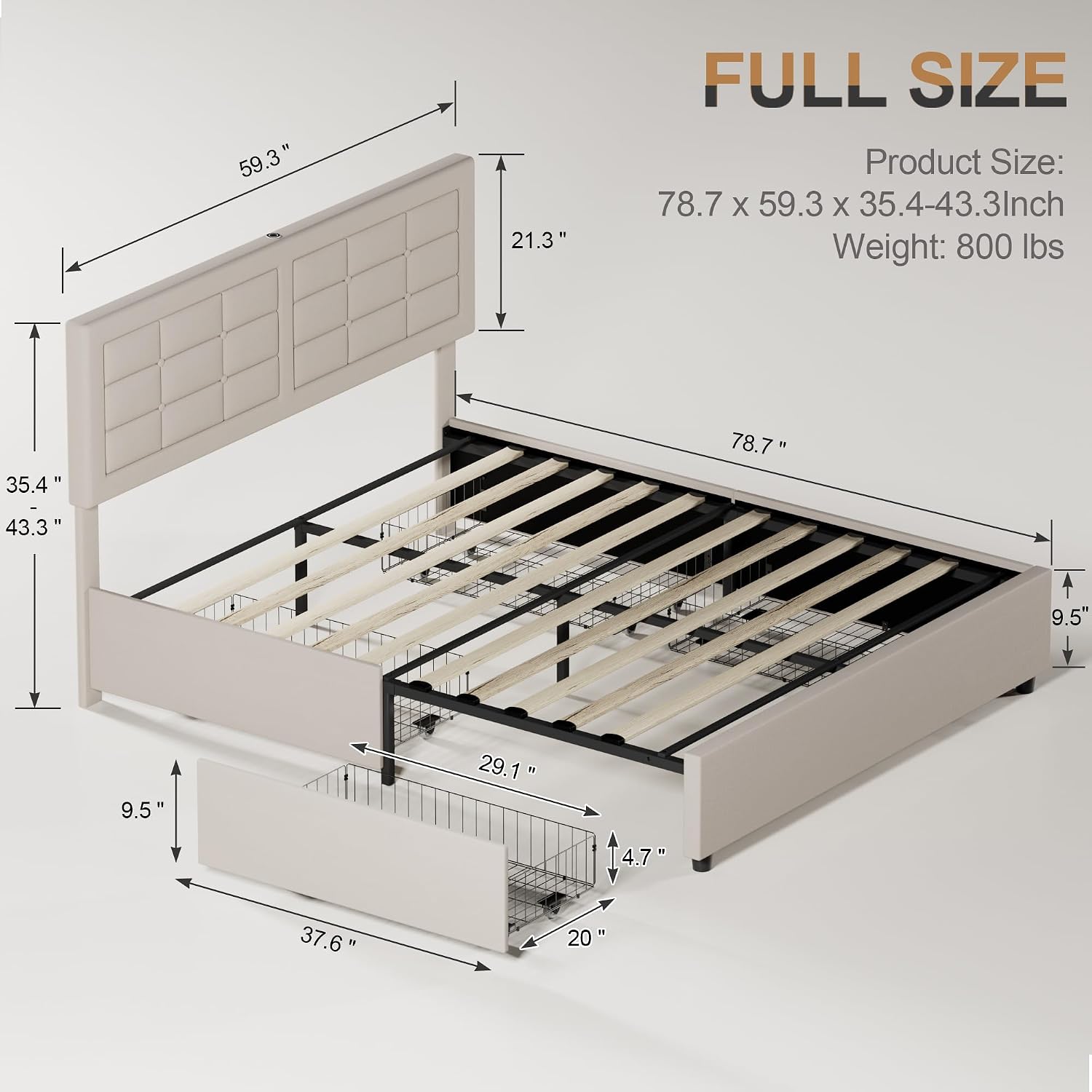 VECELO Full Size Bed Frame with 4 Storage Drawers & Adjustable Headboard, Built-in Charging Station, Upholstered Bedframe with Wood Slats Support, Beige