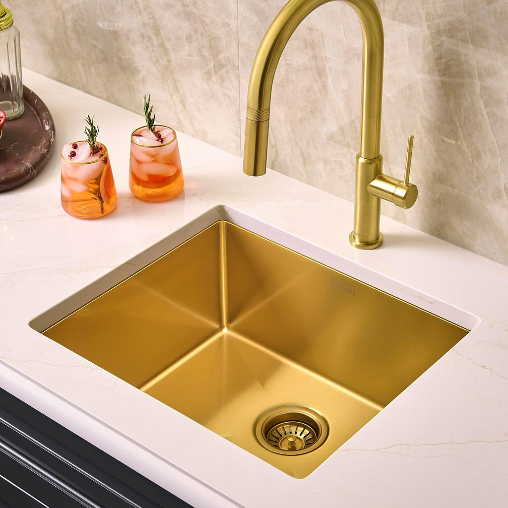 Ruvati 21-inch Polished Brass Matte Gold Stainless Steel Undermount Bar Prep Kitchen Sink 16 Gauge Rounded Corners Single Bowl - RVH7121GG