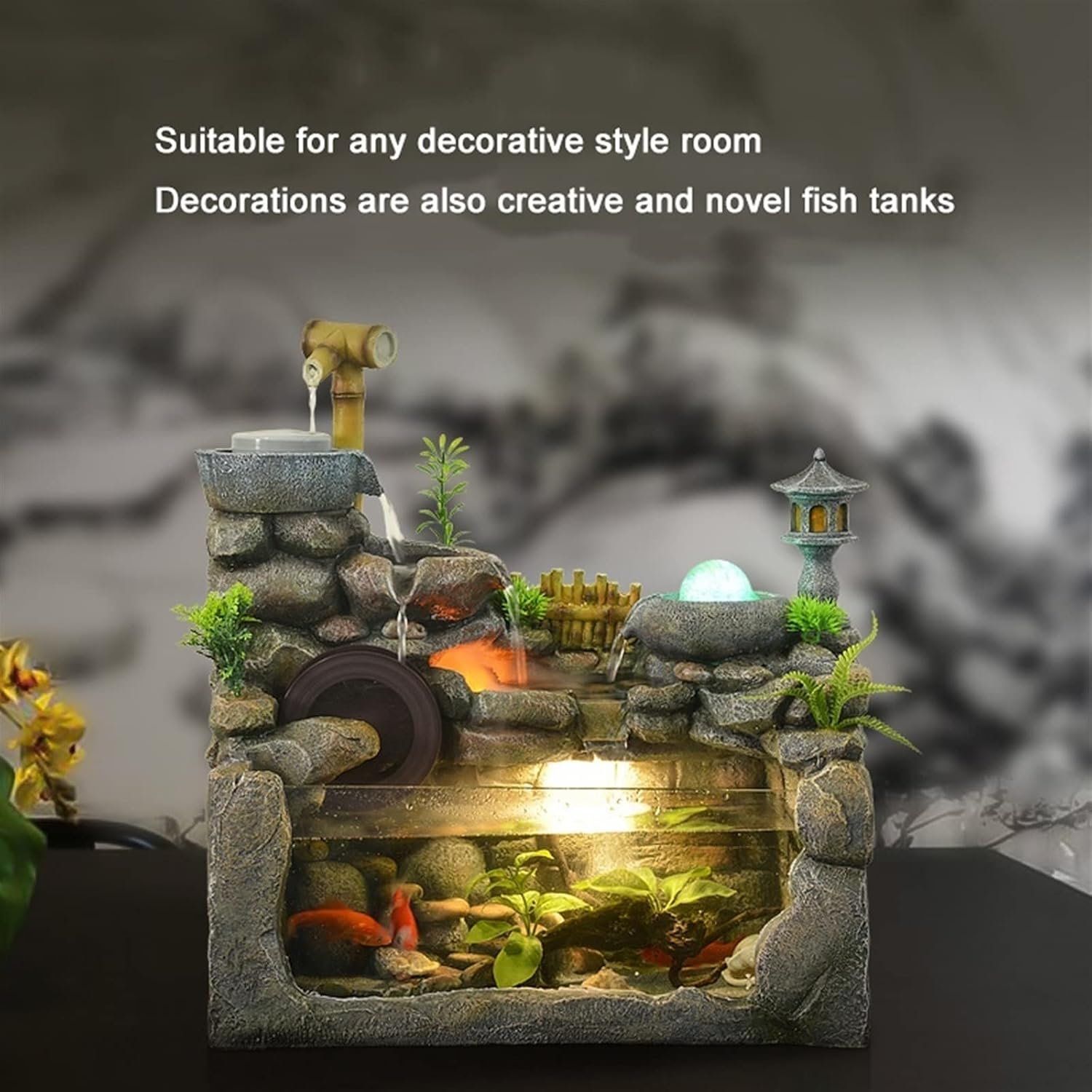 HIHELO Desktop Fountain Tabletop Fountain Rockery Fountain Living Room Office Desktop Humidifier Waterscape Ornament Bedroom Desktop Fish Tank Water Fountain Outdoor