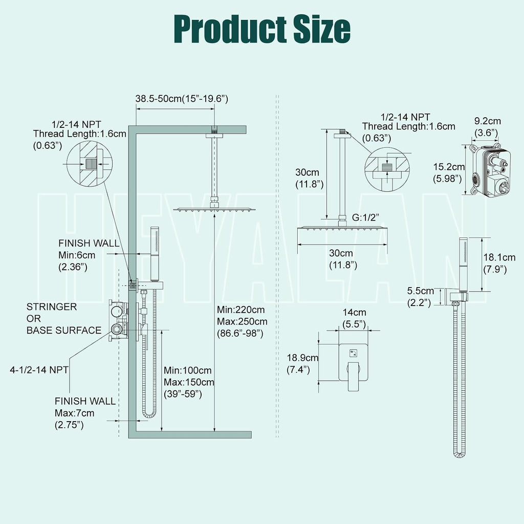 Heyalan Shower System Brushed Nickel Ceiling Mount 12 Inch Square Rain Shower Head 2 in 1 Handheld Shower Sprayer Rough in Valve Bathroom Rainfall Showerhead Combo Set