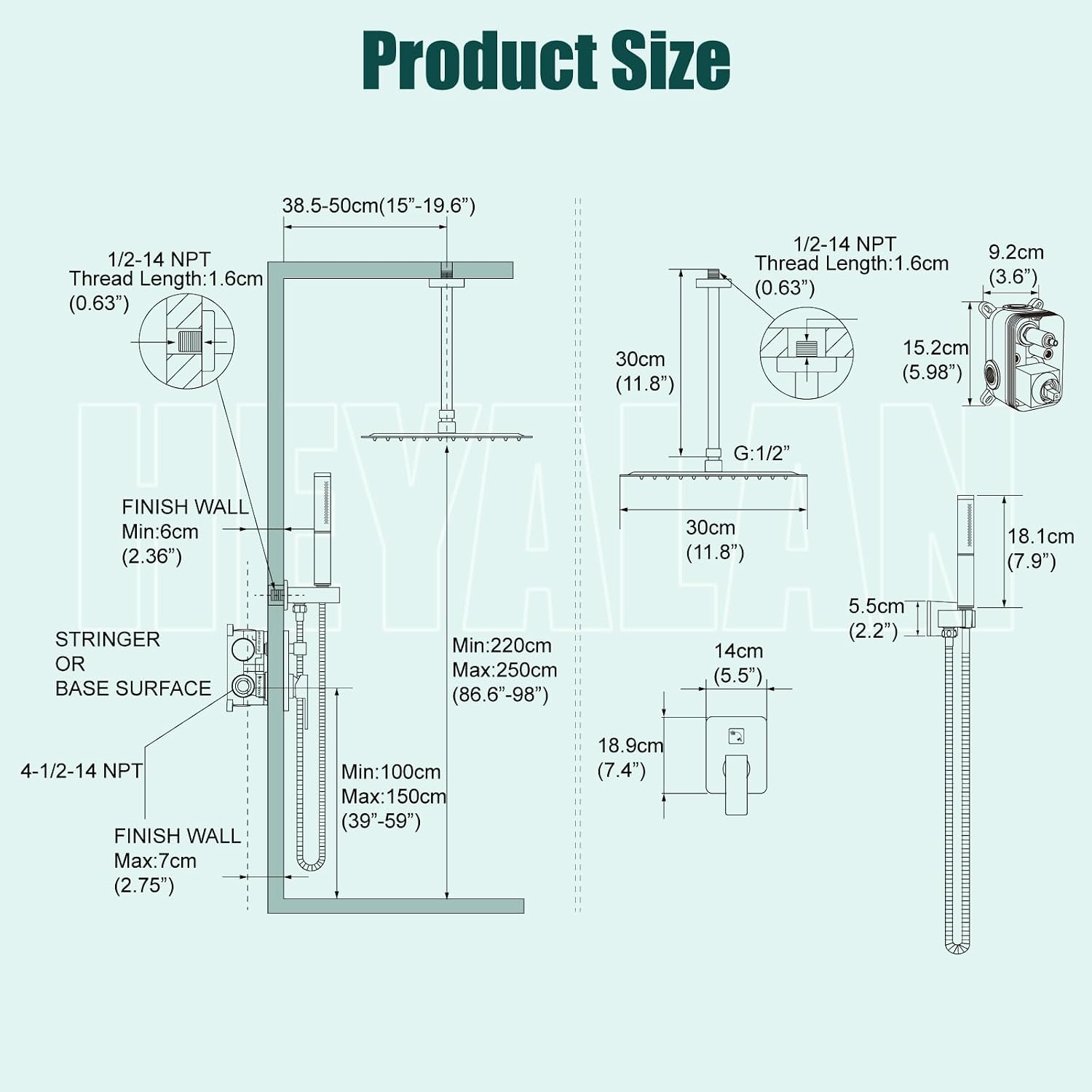 Heyalan Shower System Brushed Nickel Ceiling Mount 12 Inch Square Rain Shower Head 2 in 1 Handheld Shower Sprayer Rough in Valve Bathroom Rainfall Showerhead Combo Set