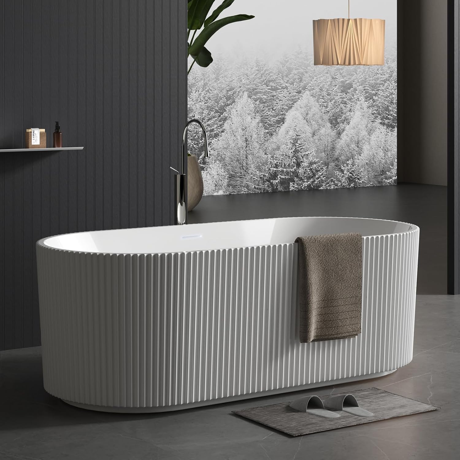 Acrylic Freestanding Bathtub, Deep Soaking Stripe Tub with Drain, Solid Surface Stand Alone Bath, Contemporary Indoor Bathroom Spa Tub for Adults, Large Foot Soak, White