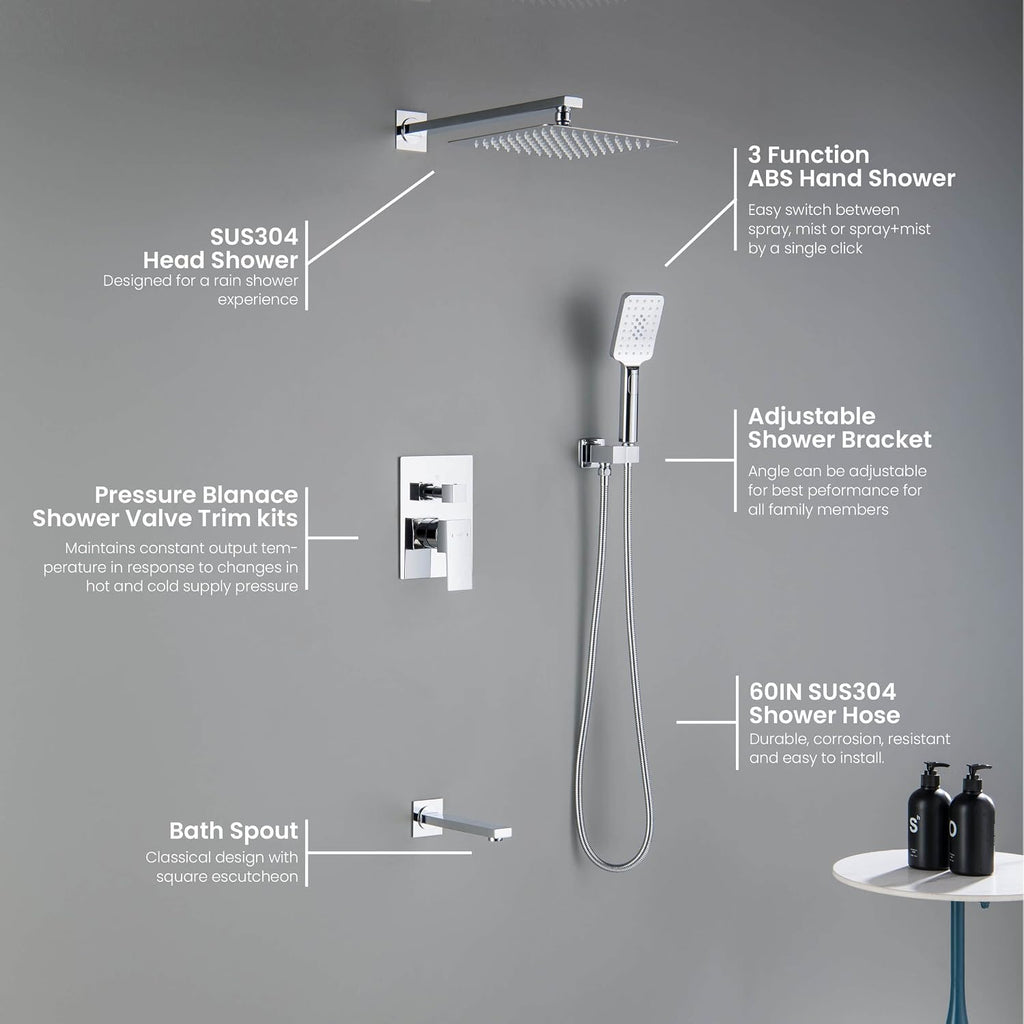 KIBI Cube Bathroom Shower System | 3-Function Wall Mounted Shower Faucet Set with Solid Brass Pressure Balanced Valve | 15-inch Long Shower Arm | Three Hand Shower Modes | Chrome Finish (KSF406)
