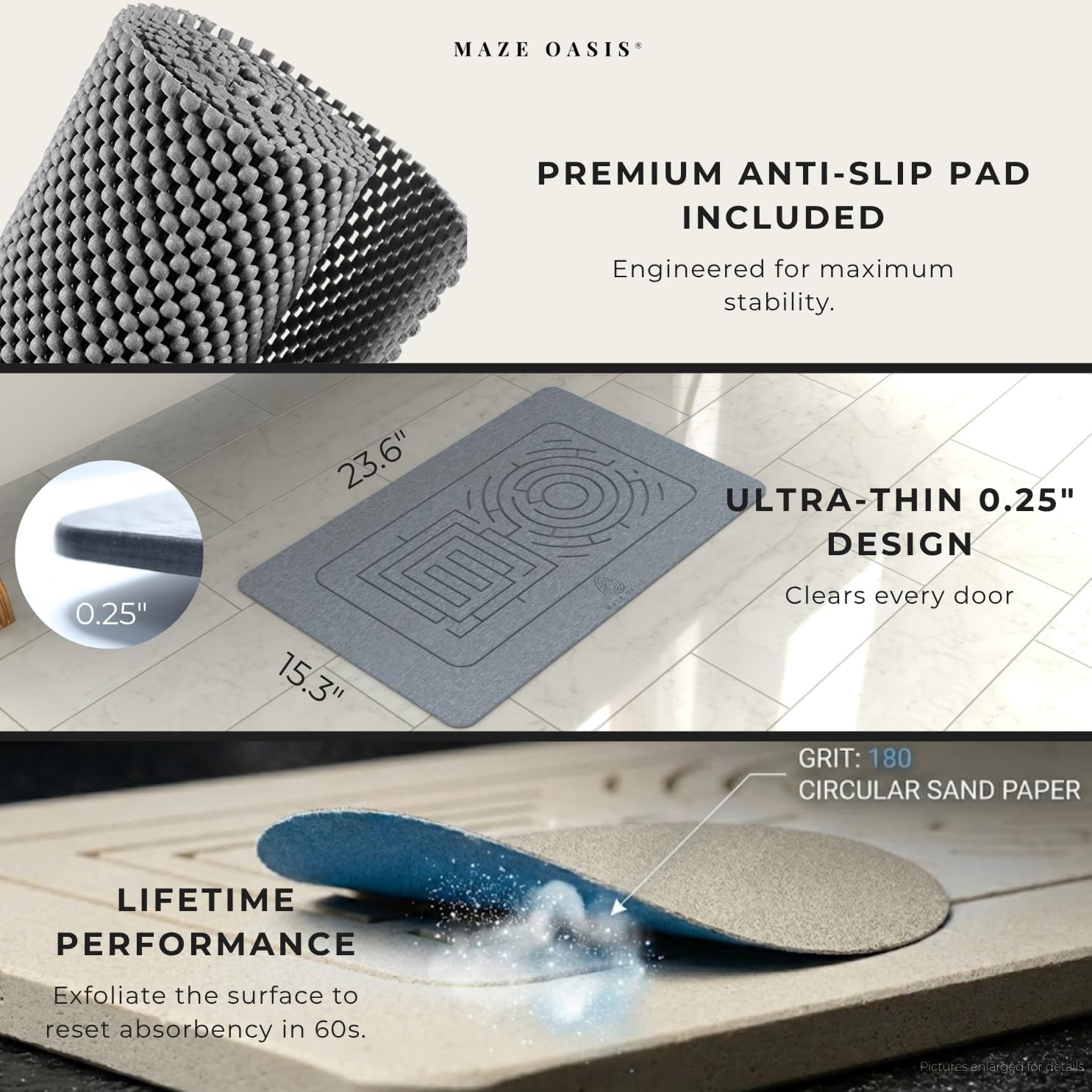 5X Faster Drying - Premium Stone Bath Mat Set - Engineered Design – Diatomaceous Earth Bathroom Mat & Stone Drying Mat for Kitchen Counter – Non Slip, Engraved Airflow – Serenity Ash 2Pc