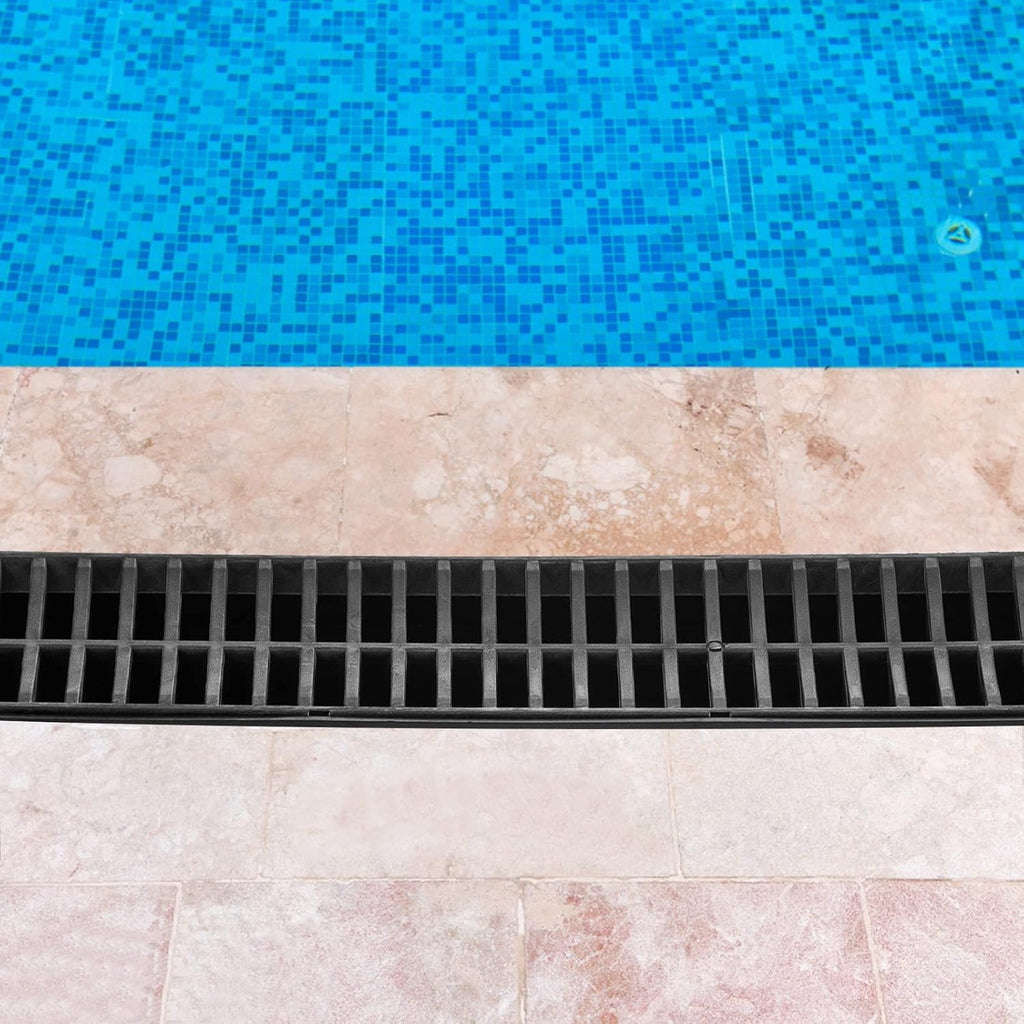 VEVOR Trench Drain System 4 Pack, Channel Drain with Plastic Grate 5.9 x 7.5 in HDPE Drainage Trench, Black Plastic Garage Floor Waterway 4 x 39 in with 4 End Caps for Garden Driveway